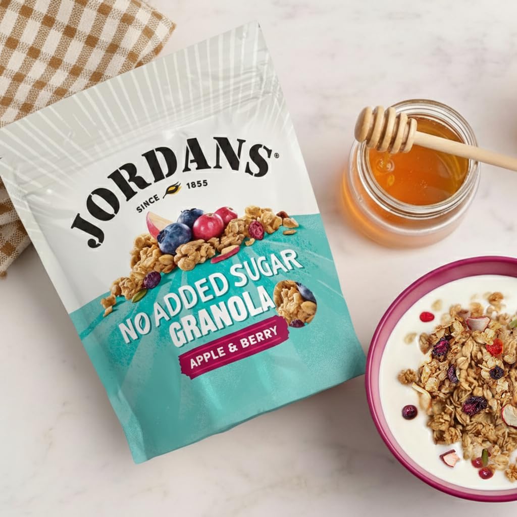 JORDANS No Added Sugar Apple & Berries Granola - High Fibre, Vegetarian | 4 x 425g Multi-pack 5