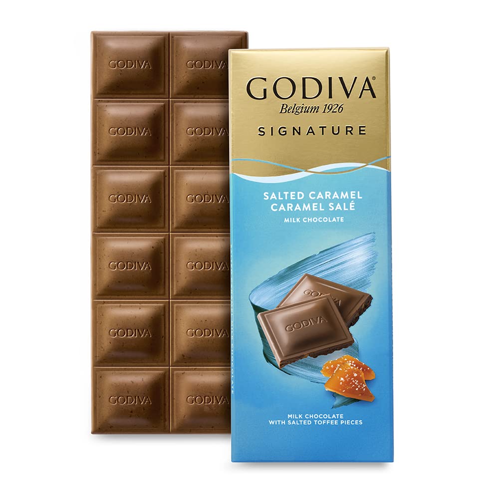 Godiva Chocolatier Signature Milk Chocolate & Salted Caramel Tablet - Creamy Milk Chocolate with Salted Toffee Pieces, 90g
