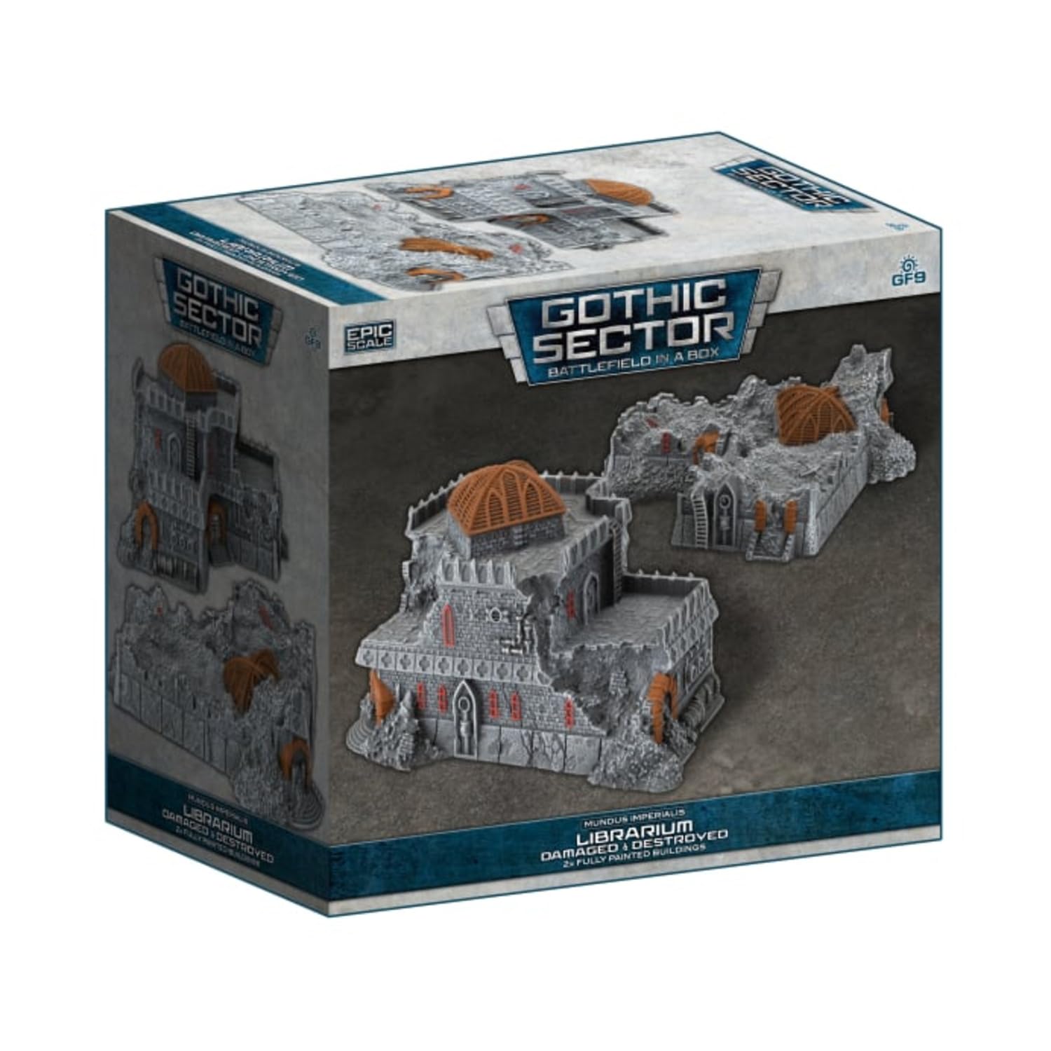 Gale Force Nine Mundus Imperialis Librarium - 2 Painted Damaged & Destroyed Buildings | Resin | Military Green