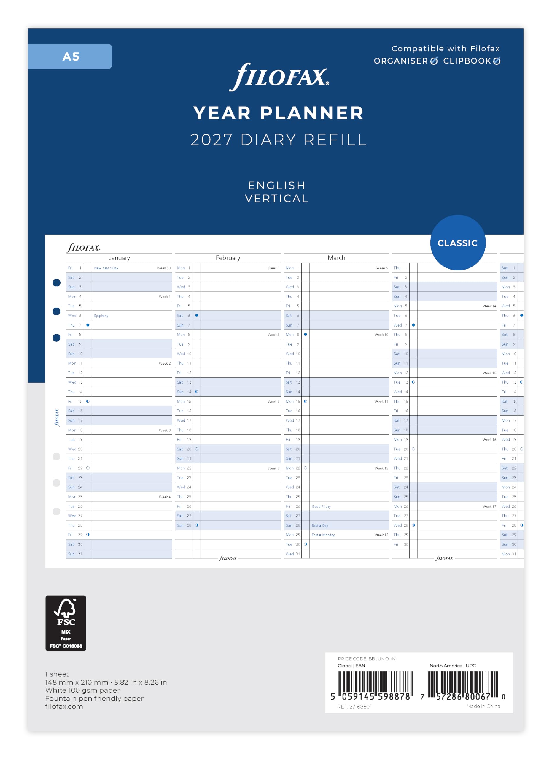 Filofax A5 Vertical Year Planner Refill 2027 | 100gsm Fountain Pen Friendly Paper