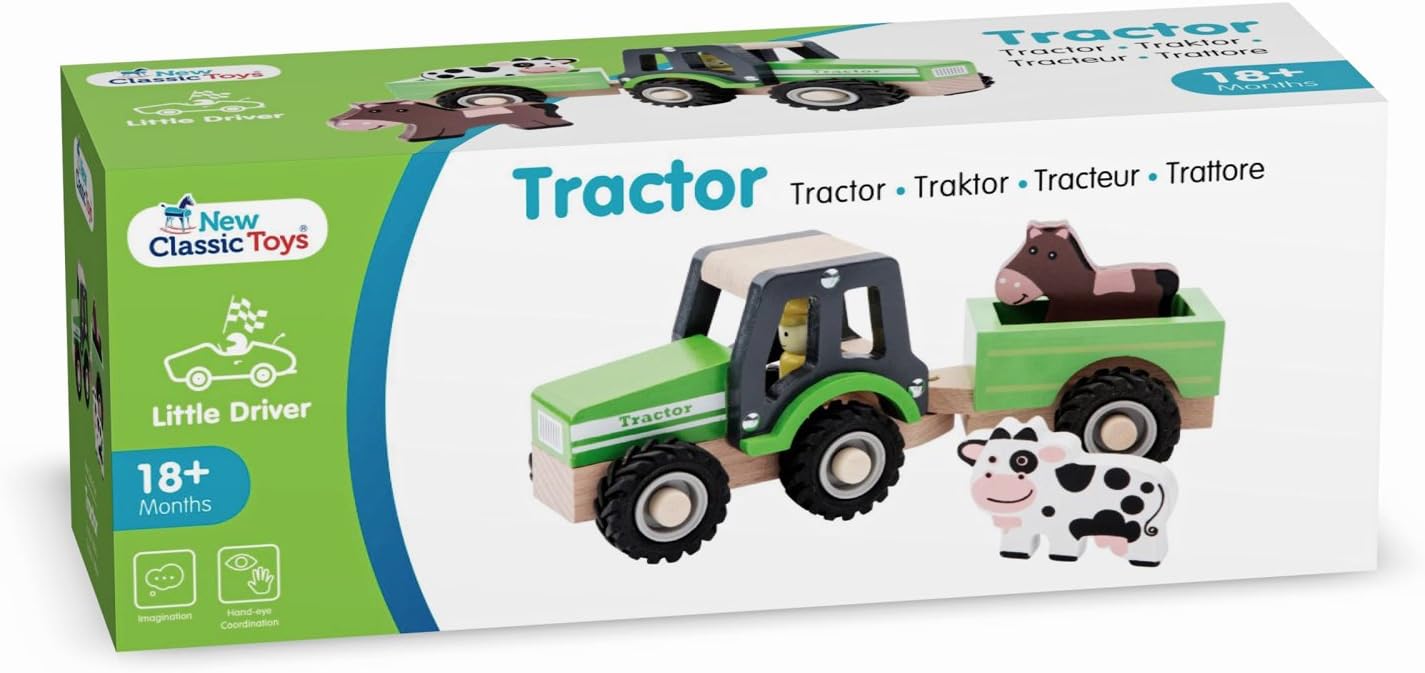 New Classic Toys 11941 Wooden Tractor with Trailer and Animals - Farm Playset for Toddlers 18 Months+ 6