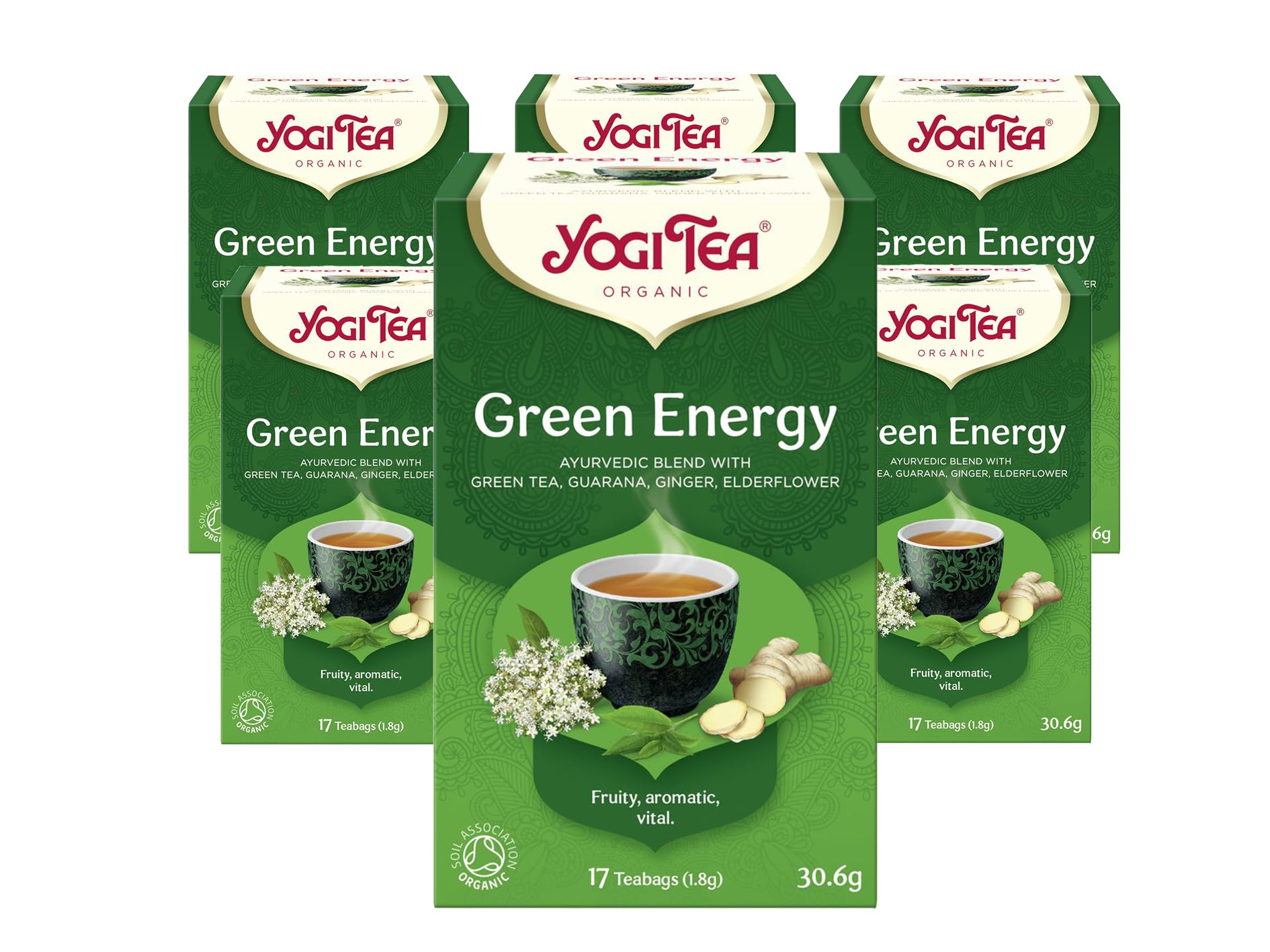 YOGI TEA - Green Energy Organic Herbal Tea, Blend of Green Tea, Guarana, Ginger and Elderflower, 6 Packs x 17 Tea Bags (102 Total)