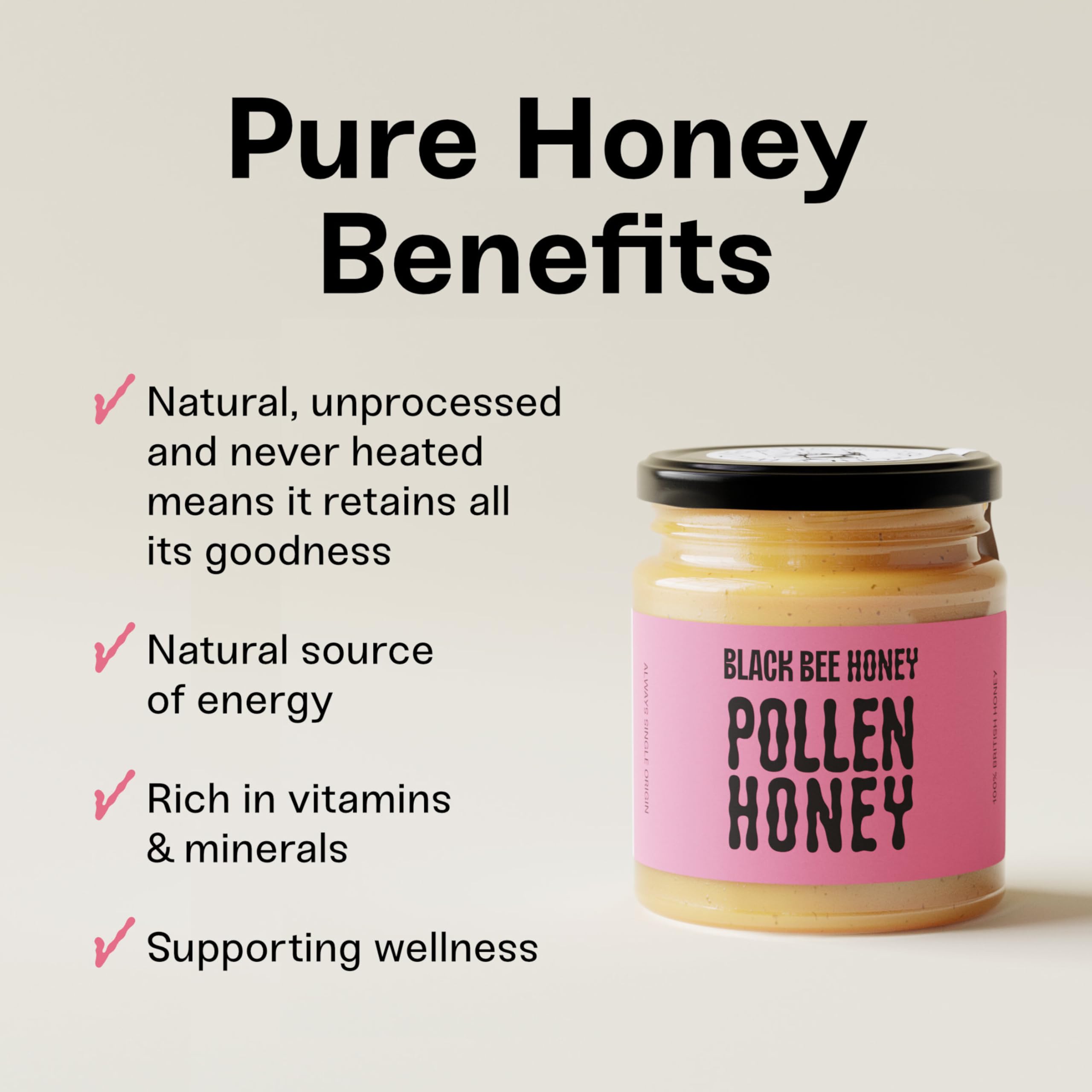 Black Bee Honey - Pure British Spring Honey with Bee Pollen Granules | 227g