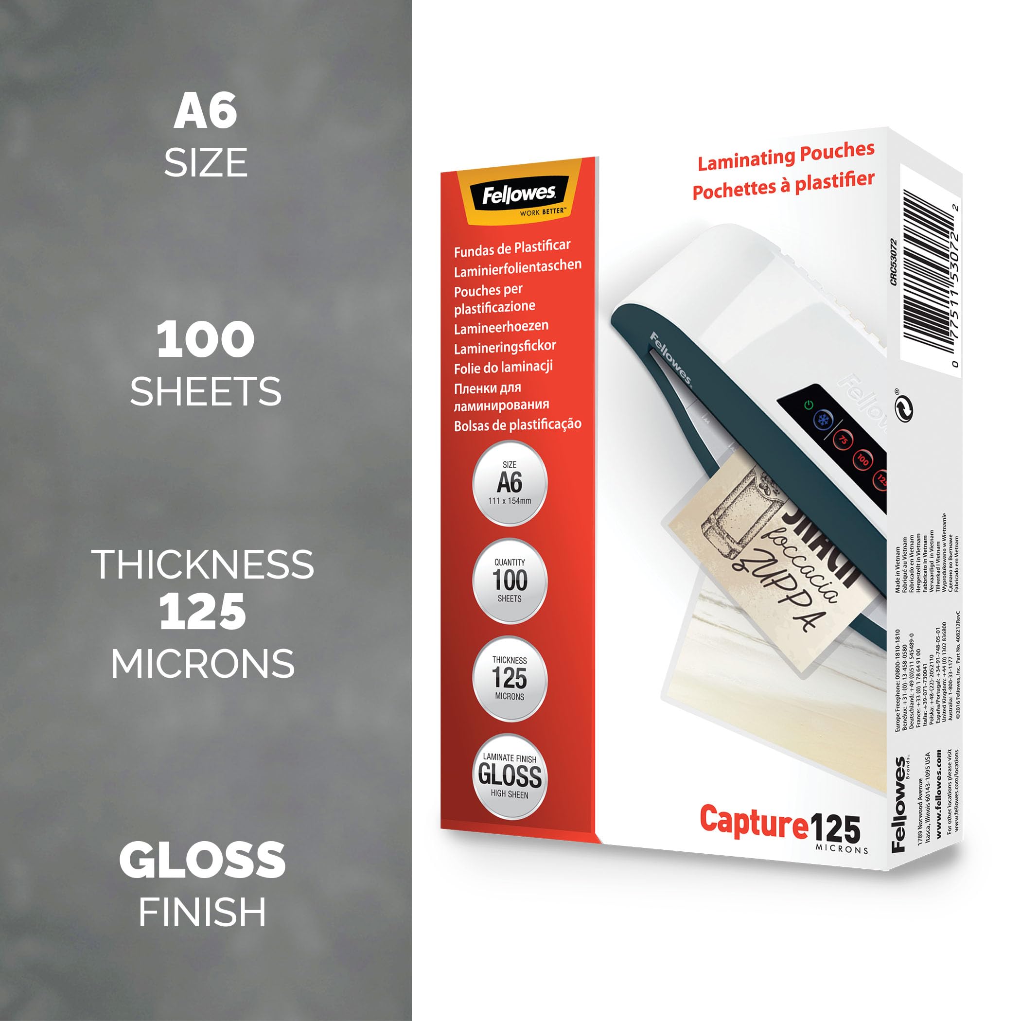 Fellowes A6 Laminating Pouches - 125 Micron Thickness | Glossy Finish | 100 Pack