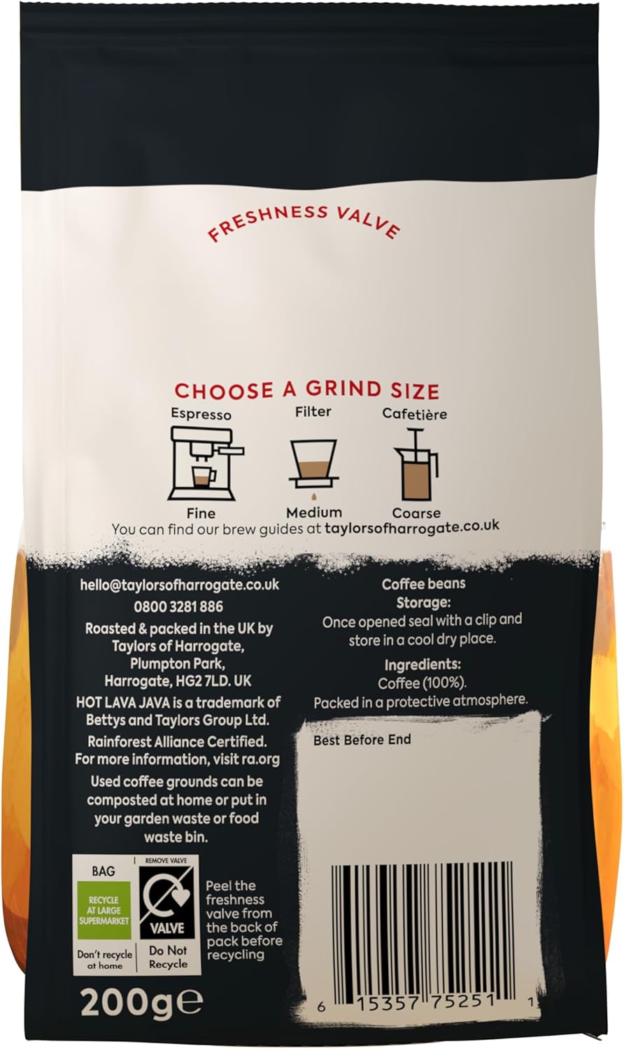 Taylors of Harrogate Hot Lava Java Coffee Beans 200g (Pack of 6) - Total 1.2kg