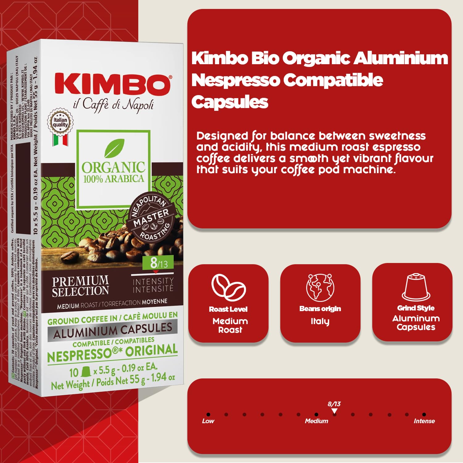 Kimbo - Bio Organic Coffee Capsules (10-Pack) | Italian Medium Roast | Nespresso Compatible