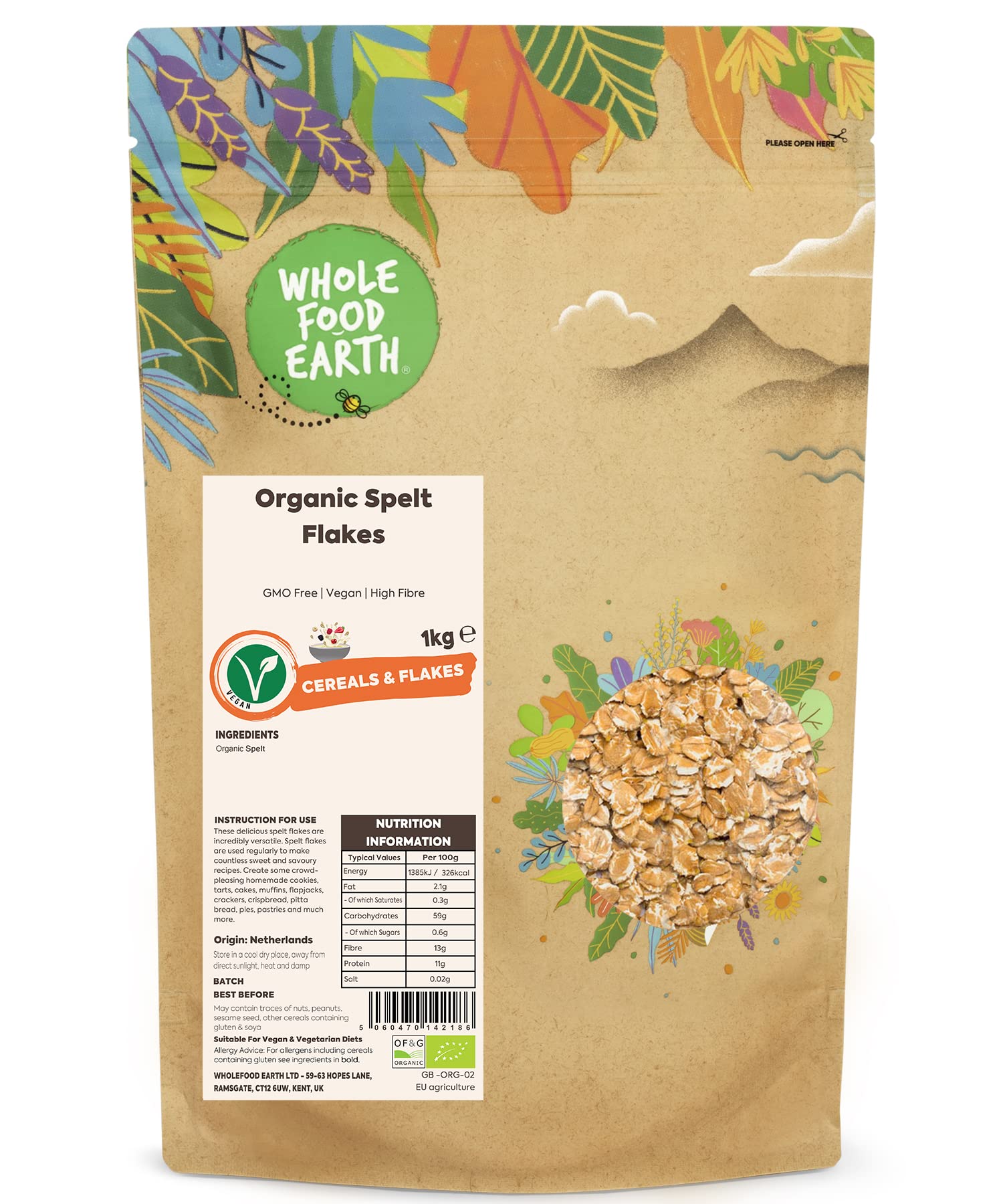 Wholefood Earth Organic Spelt Flakes - 1kg | High Fibre | Vegan | GMO Free