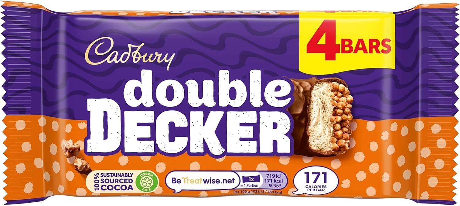 Cadbury Double Decker Chocolate Bar Multipack - 4 Bars with Nougat & Crispy Cereal Layers