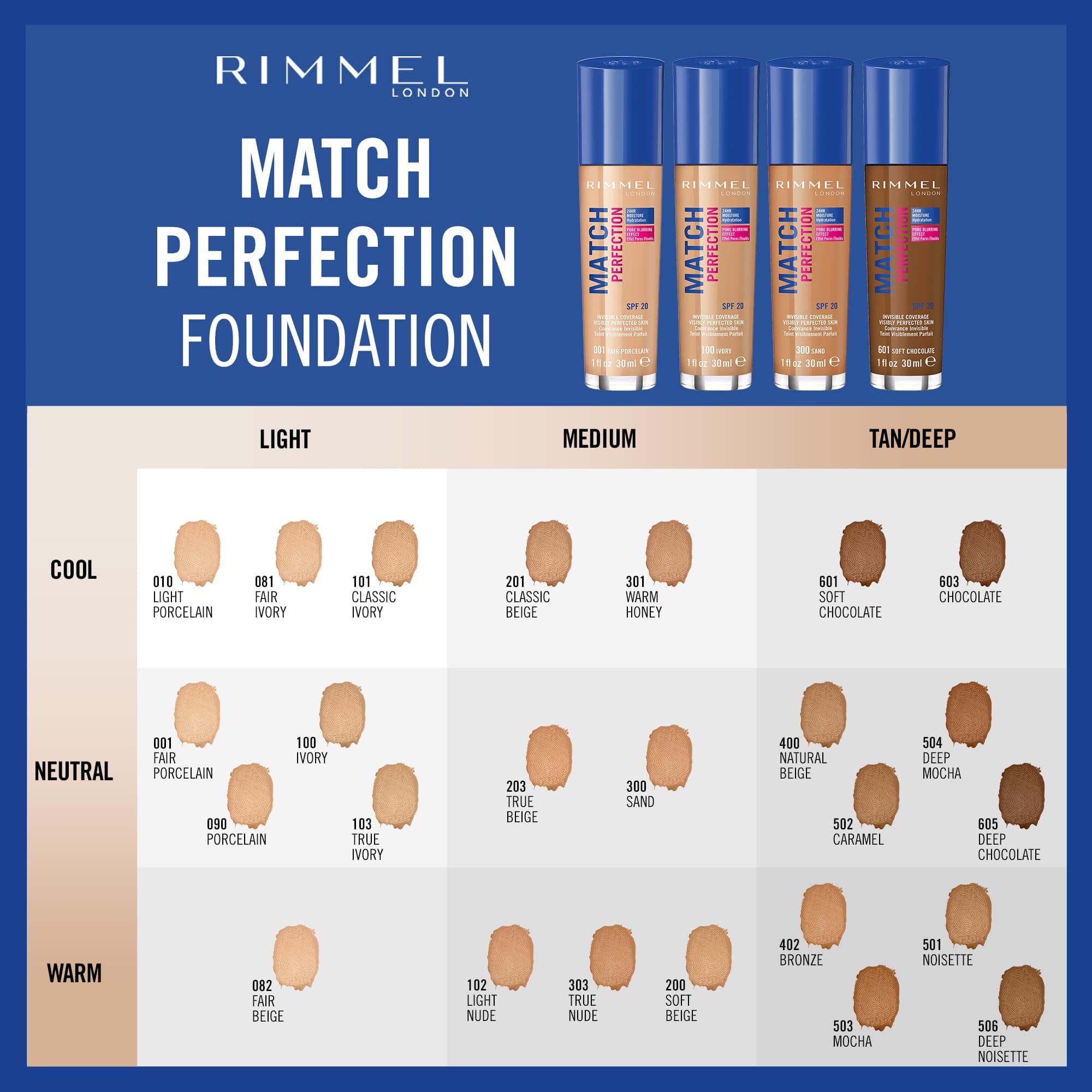 Rimmel Match Perfection Foundation - Liquid Foundation for Fair Beige 082, Medium Coverage, 24hr Hydration, SPF20, Cruelty Free