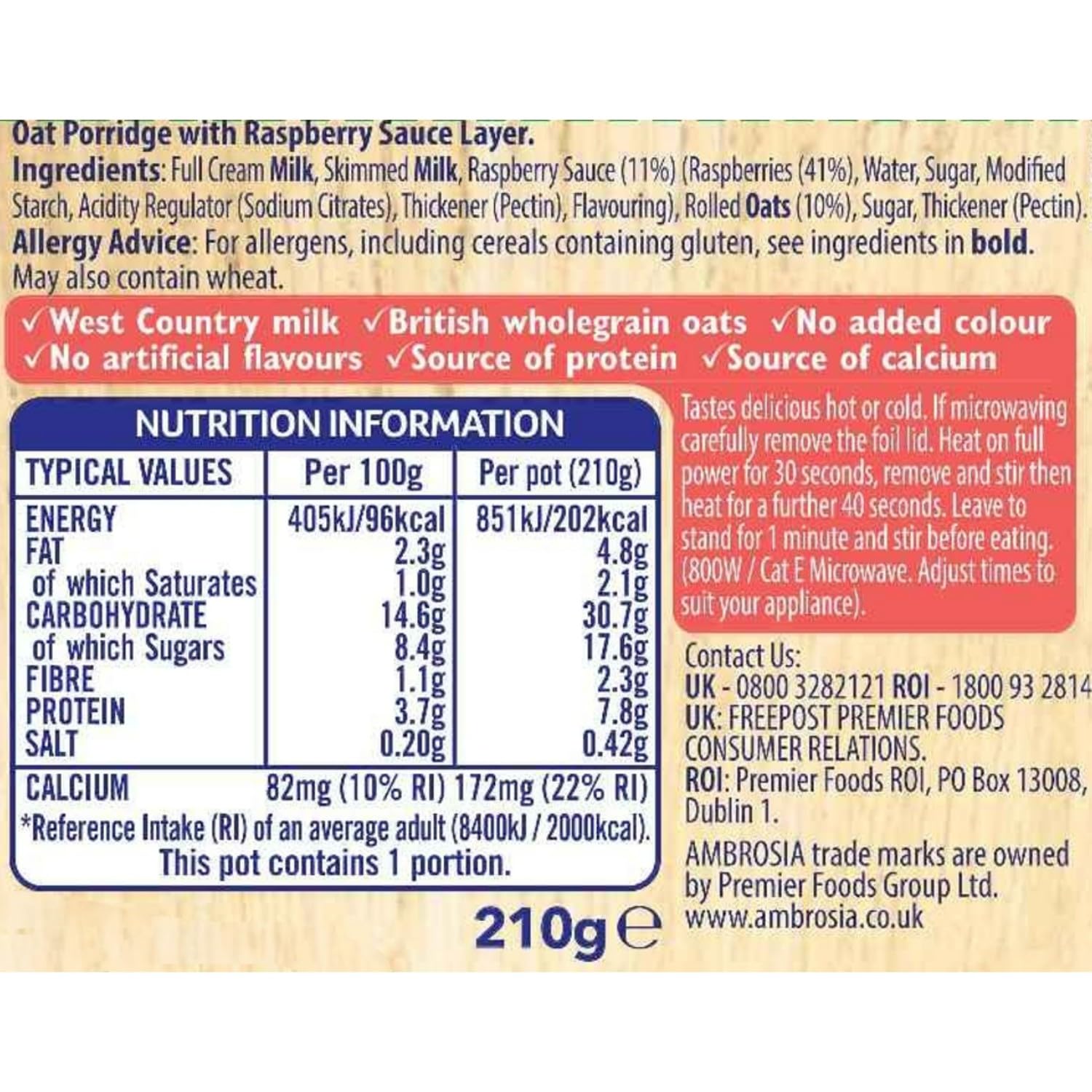 Ambrosia Himbeer-Schichtporridge-Töpfchen mit britischem Vollkornhafer, verzehrfertig, 210 g (6er-Pack) 6