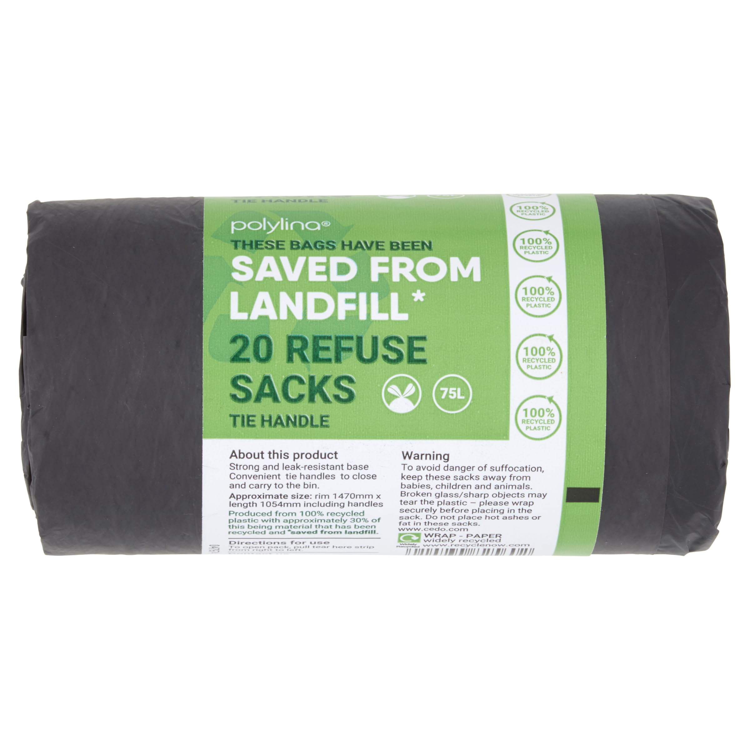Polylina 75 Litre Tie Handle Black Bin Liners - 20 Pack Recycled Plastic Refuse Sacks