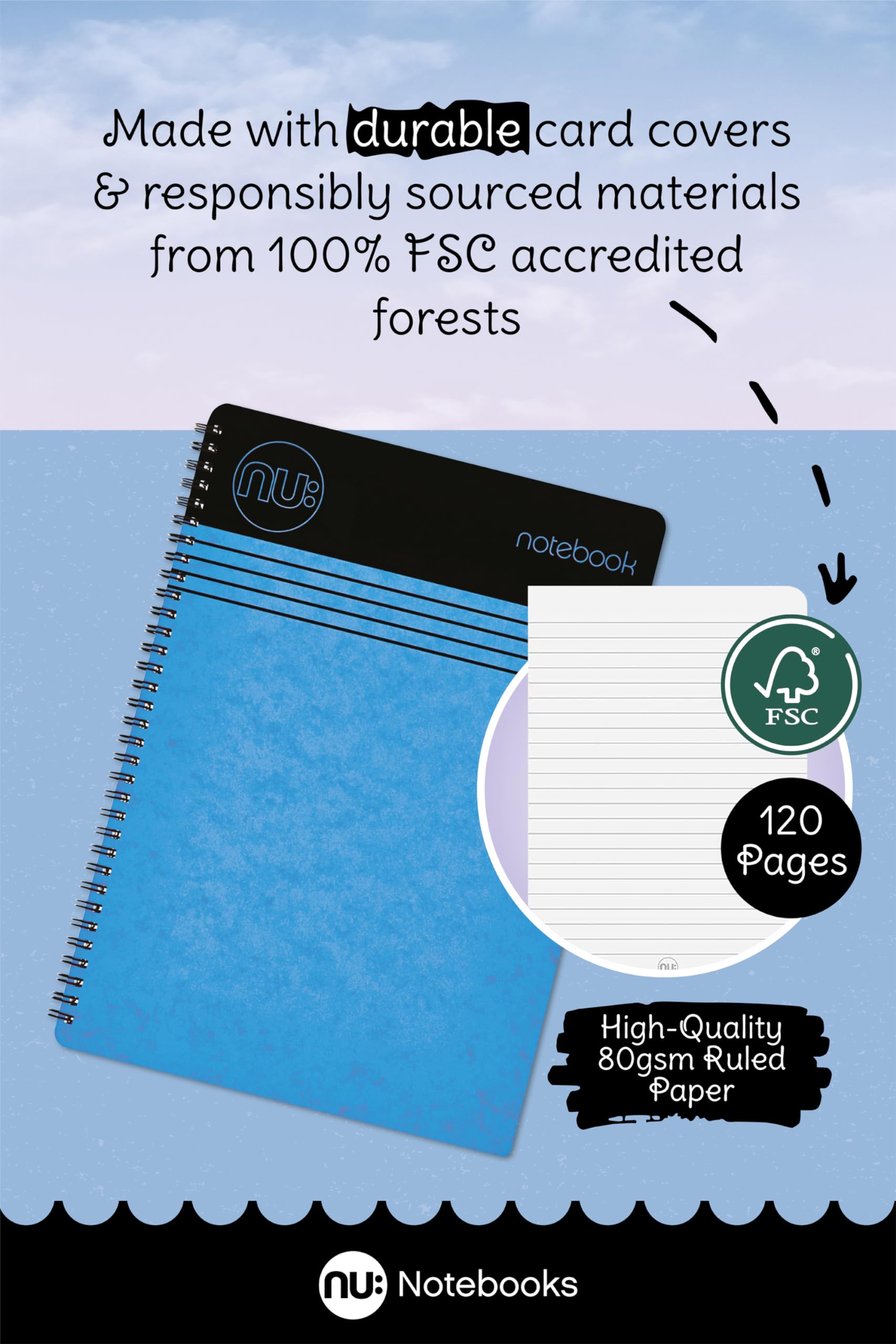 nu: Craze Cloud A5 Wirebound Notebook - Blue, Ruled, 80gsm FSC Paper, 3 Pack 2