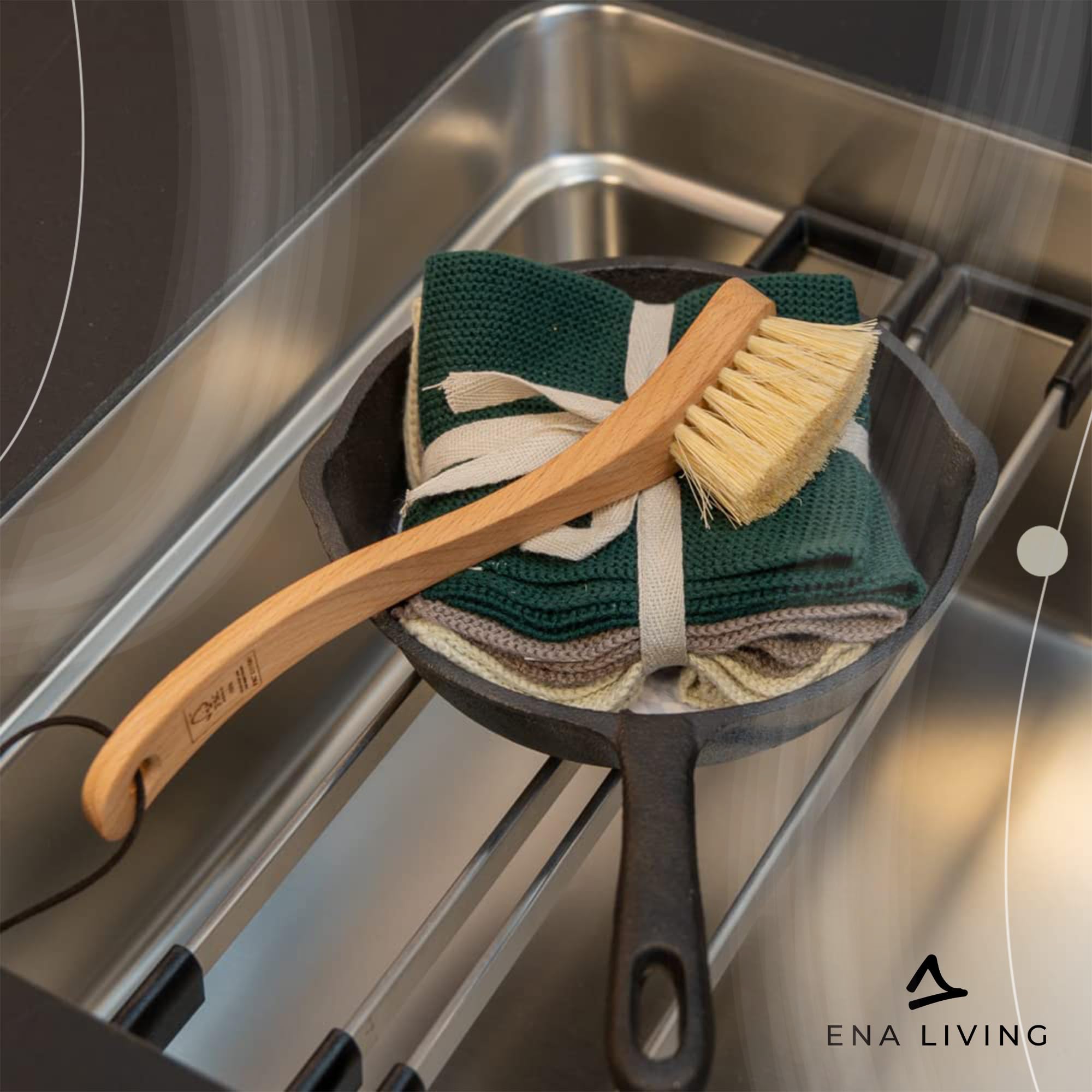 ENA Living Wooden Dish Brush (26x4 cm) | FSC-Certified Beechwood with Horsehair Bristles