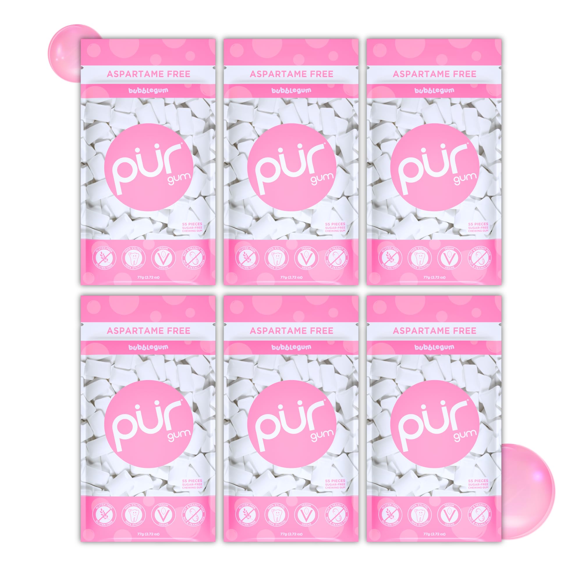 PUR - Natural Bubblegum Flavored Sugar-Free Chewing Gum with Xylitol, Vegan, Aspartame-Free, Gluten-Free, Keto-Friendly (55 Pieces, Pack of 6)