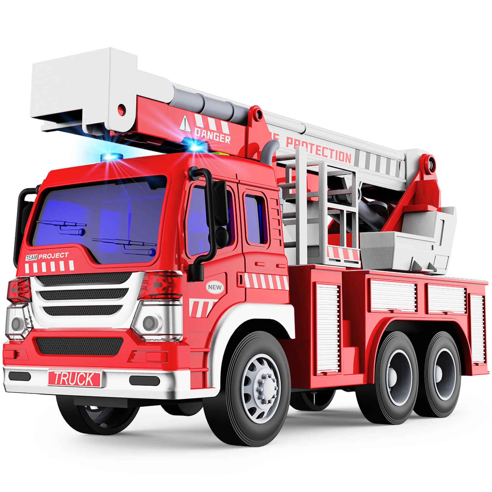 GizmoVine Fire Engine Toy - Lights, Sound & 360° Rotating Ladder Rescue Vehicle for Kids 3+