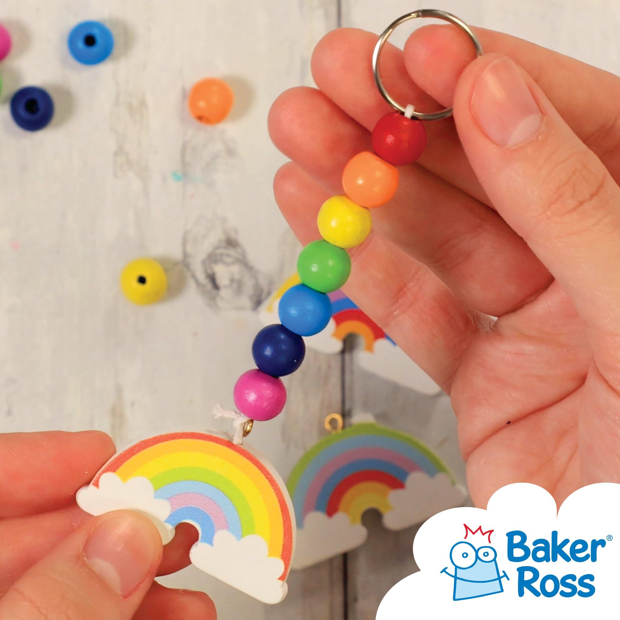 Baker Ross Make Your Own Wooden Rainbow Keyring Craft Kit (Pack of 4) | Kids Ages 5+ 6