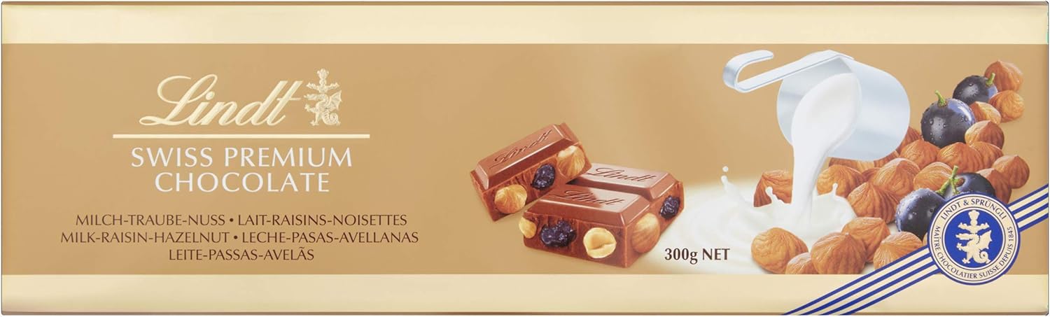 Lindt Schweizer Milchschokolade Haselnuss und Rosinen Goldtafel 300g