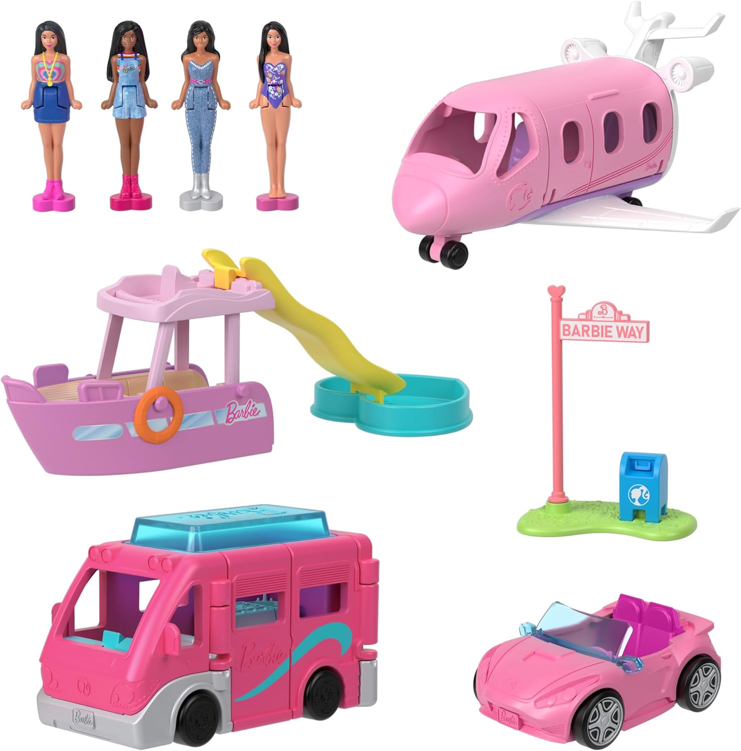 Mini BarbieLand 4-Pack Doll & Vehicle Playset - Color-Change Vehicles with 1.5-inch Dolls for Ages 4+ 5