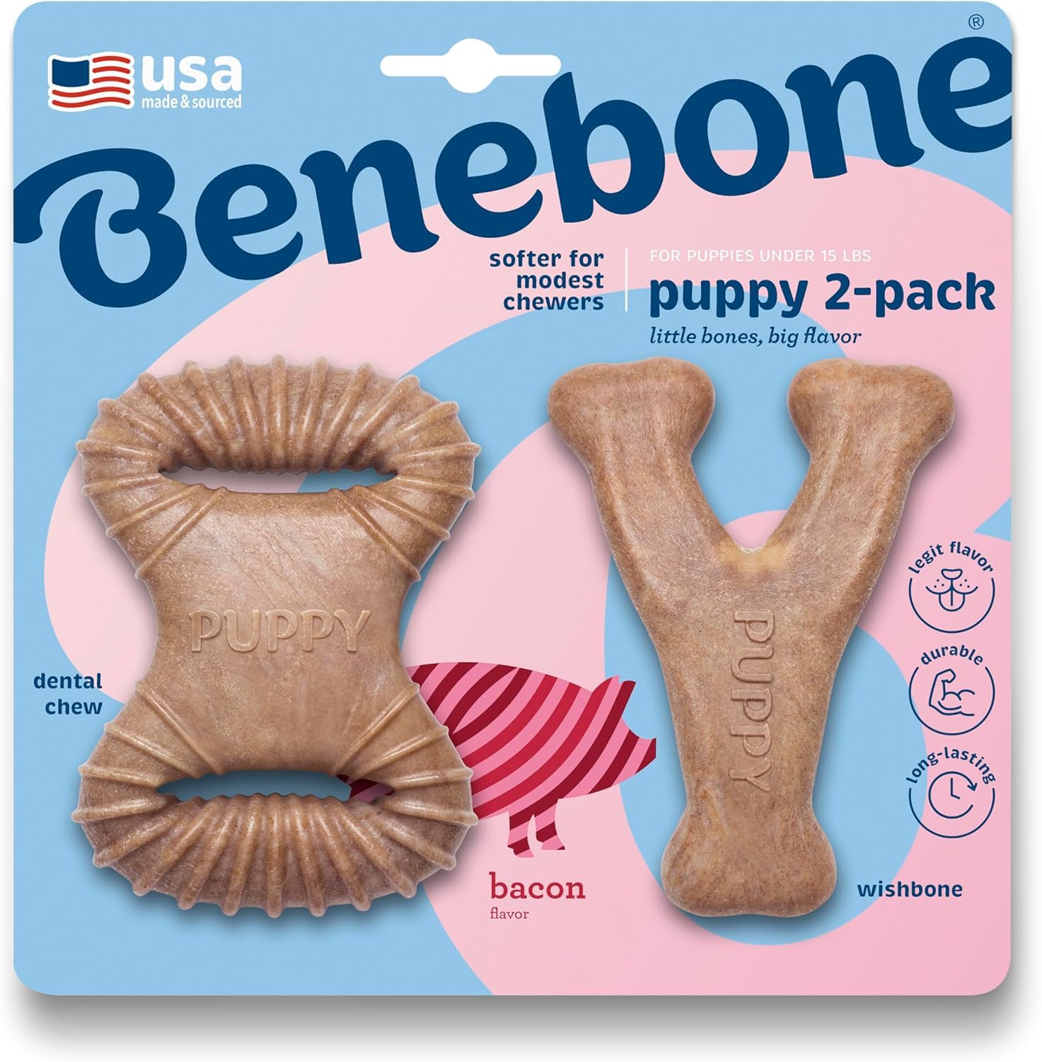 Benebone Puppy Tiny 2-Pack Dental Chew & Wishbone | Real Bacon Flavor | Heavy Duty Nylon