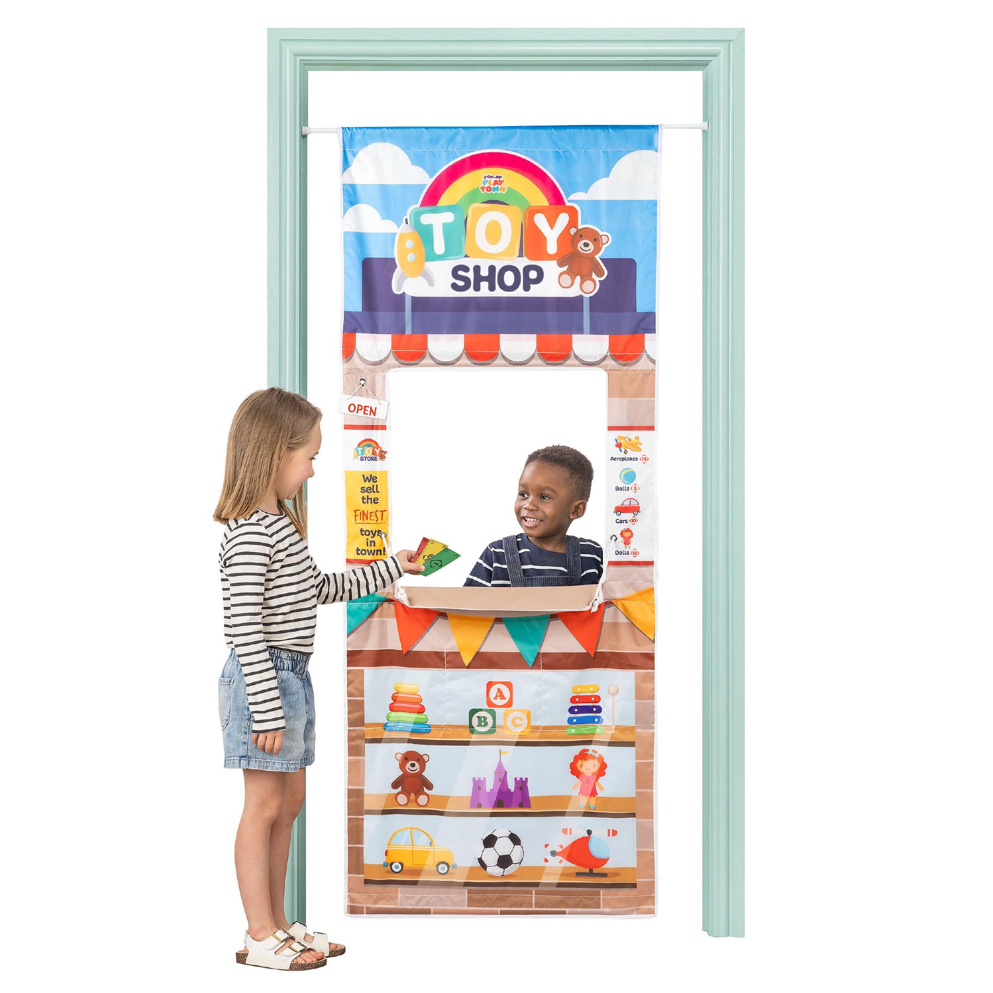 Playhouse Pop Up Play Town Hanging Doorway Toy Shop with Curtain 8
