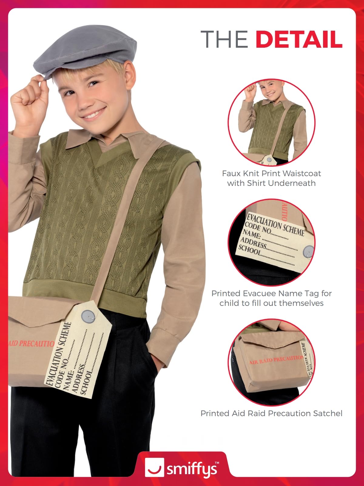 Smiffys Evacuee Boy Kit - Green Dress Up Costume with Jumper, Hat, Bag & Tag 4