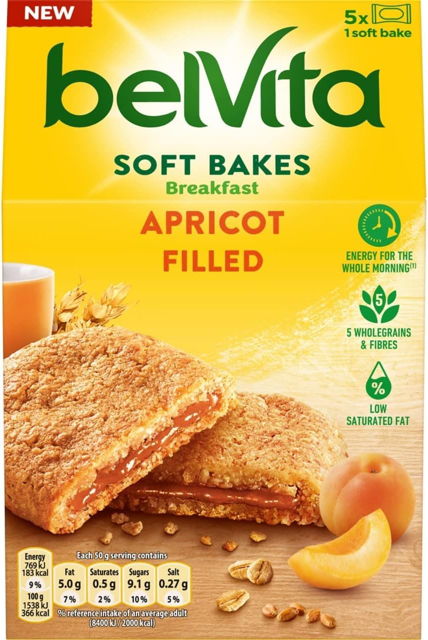 Belvita Soft Bakes Breakfast Biscuits Filled with Apricot - Chewy Soft Bars with Calcium, Magnesium & Fibre