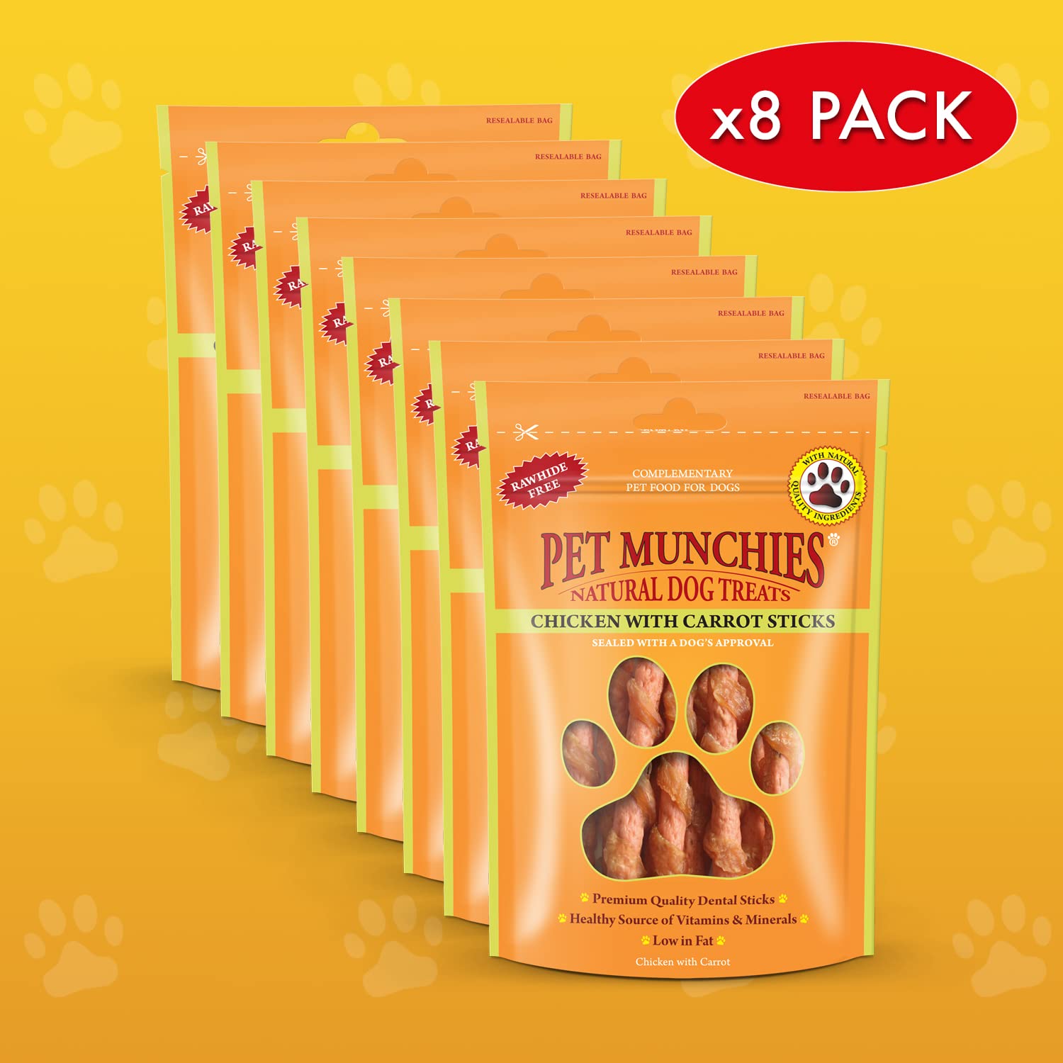 PET MUNCHIES Chicken with Carrot Sticks Dog Treats - Pack of 8 | Low Fat | Promotes Dental Health