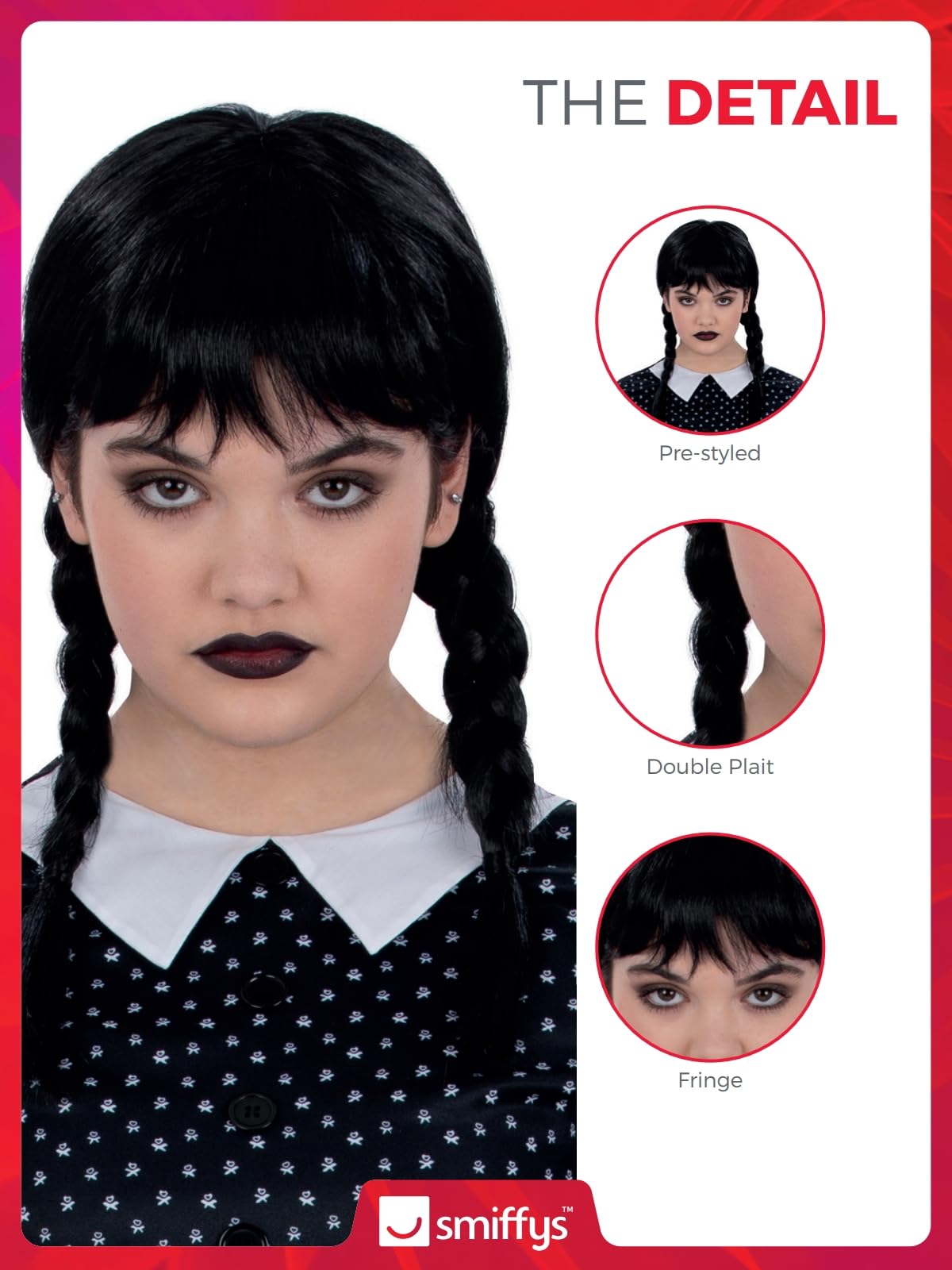 Smiffys Wednesday Addams Gothic School Girl Wig with Plaits & Fringe 4