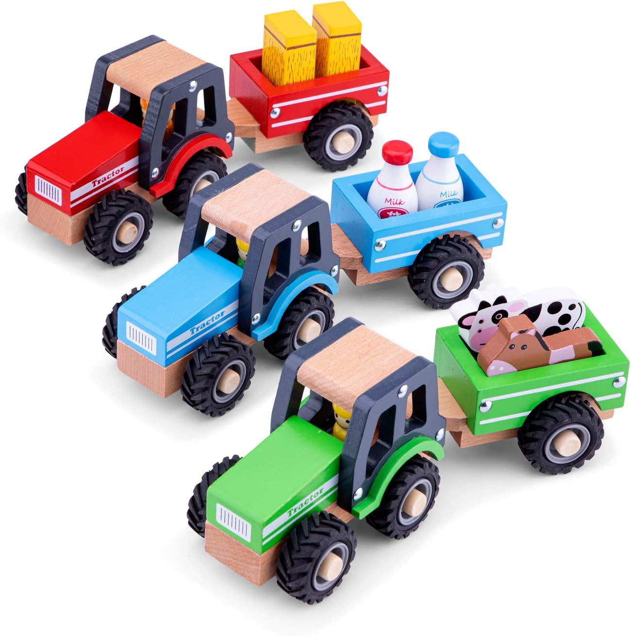 New Classic Toys Wooden Tractor with Trailer and Hay Stacks - Educational Farm Vehicle for Toddlers 18 Months+ 3