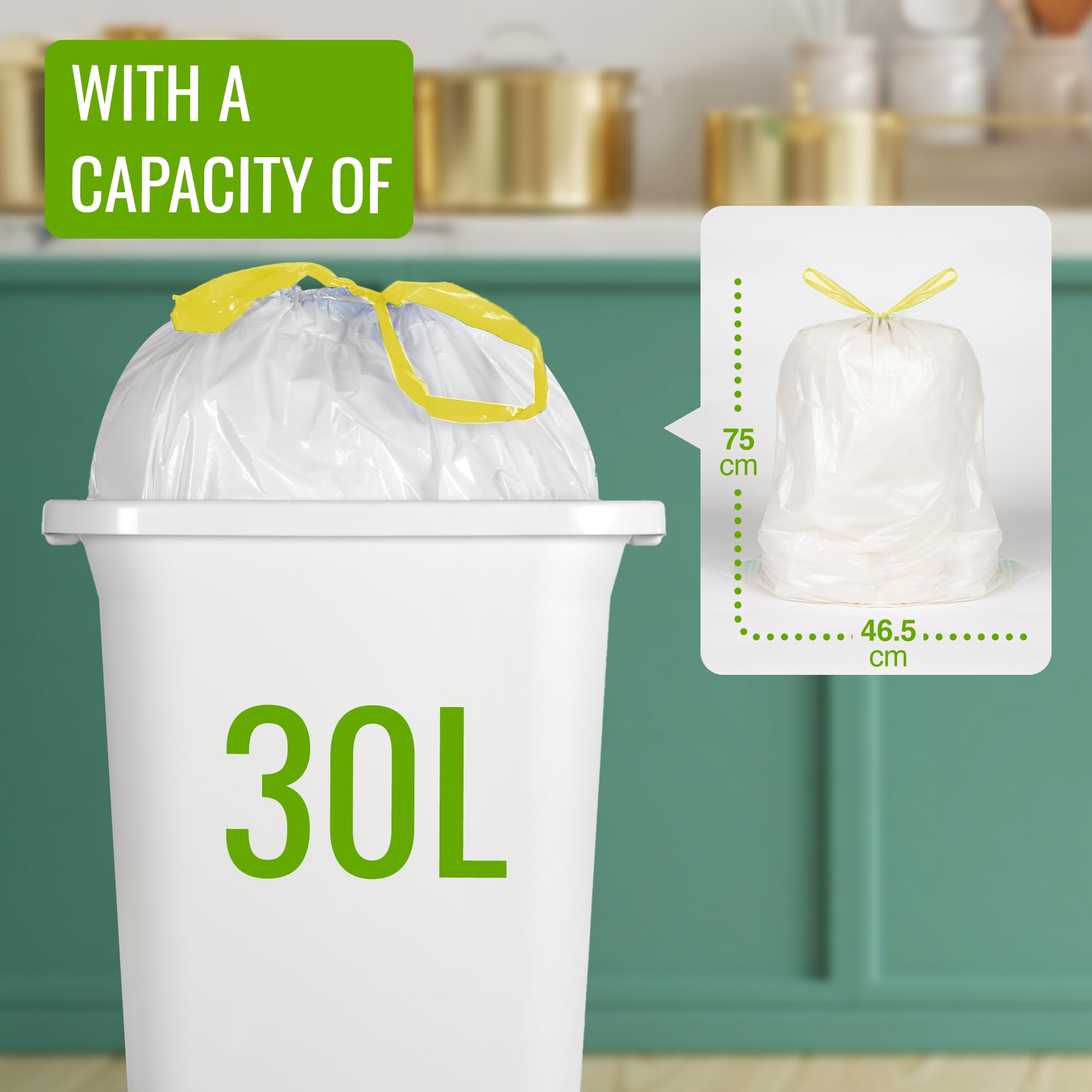 EcoBag 30L Drawstring Bin Liners - 20 Pack Lemon Scented, 25 Micron Thick