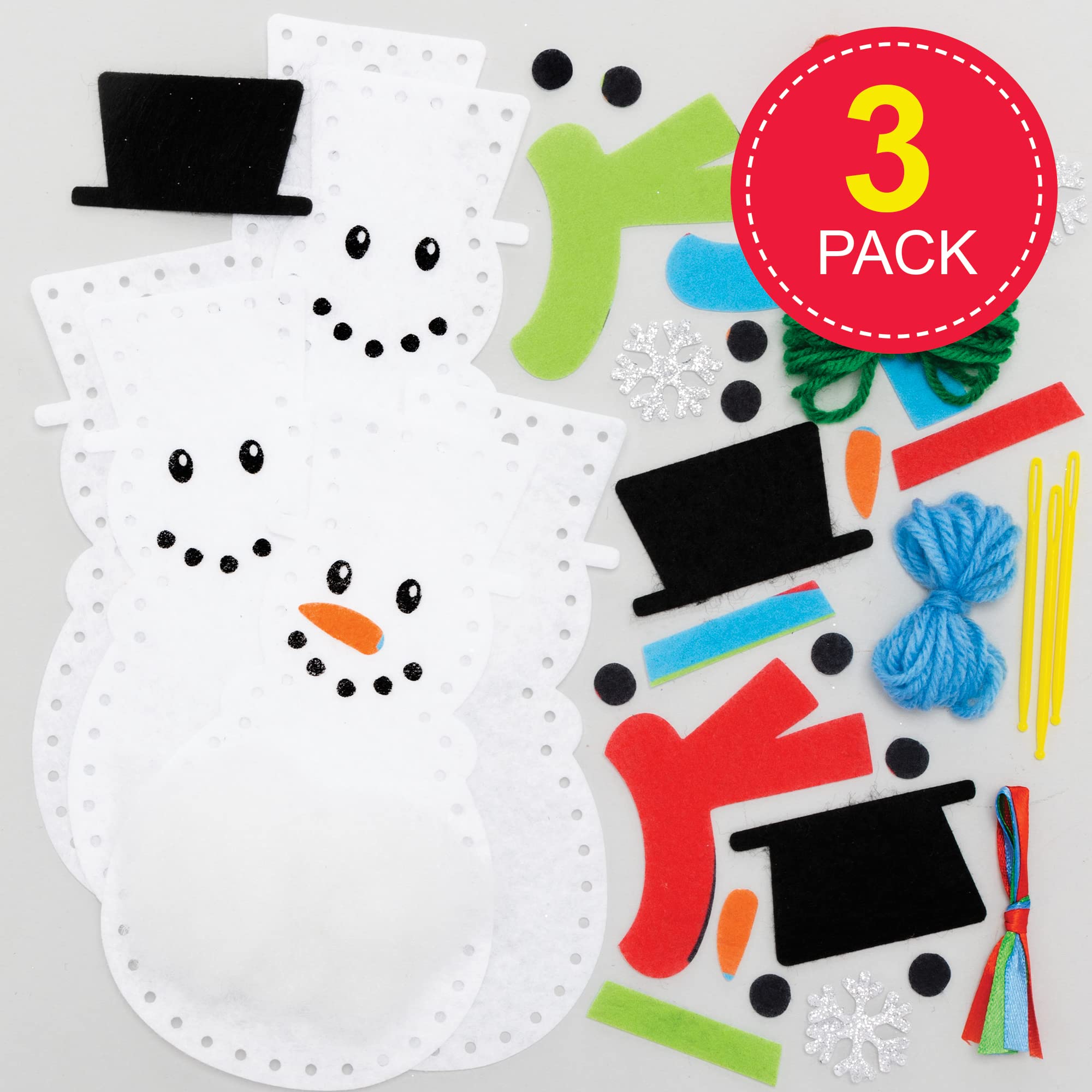 Baker Ross FE949 Snowman Decoration Sewing Kits - Pack of 3, Arts & Crafts Sewing Set for Kids 7