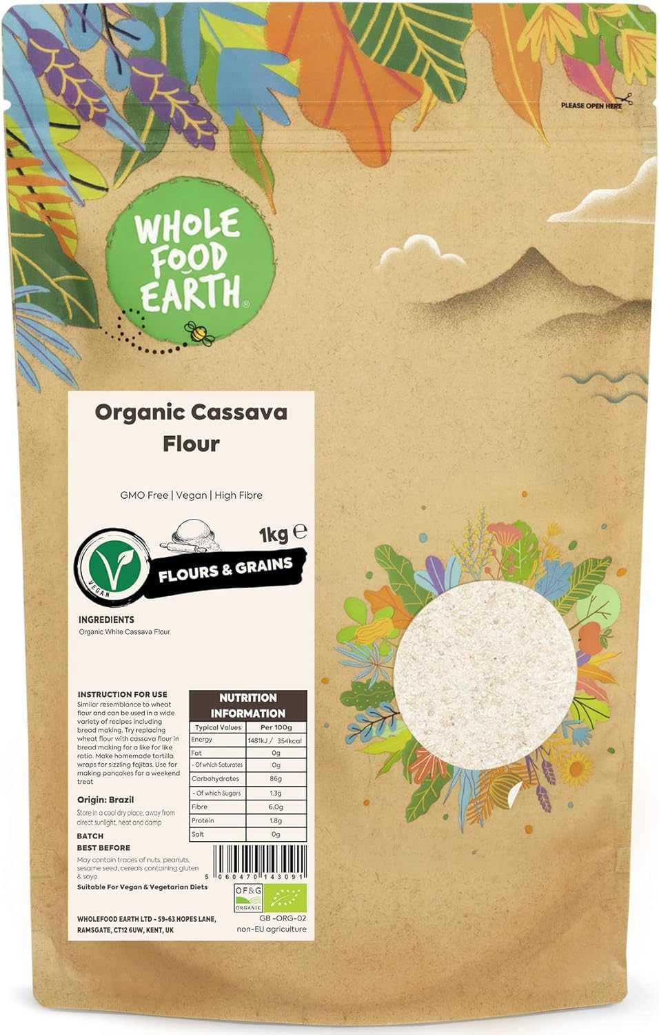 Wholefood Earth Organic Cassava Flour – 1 kg | GMO Free | Vegan | High Fibre