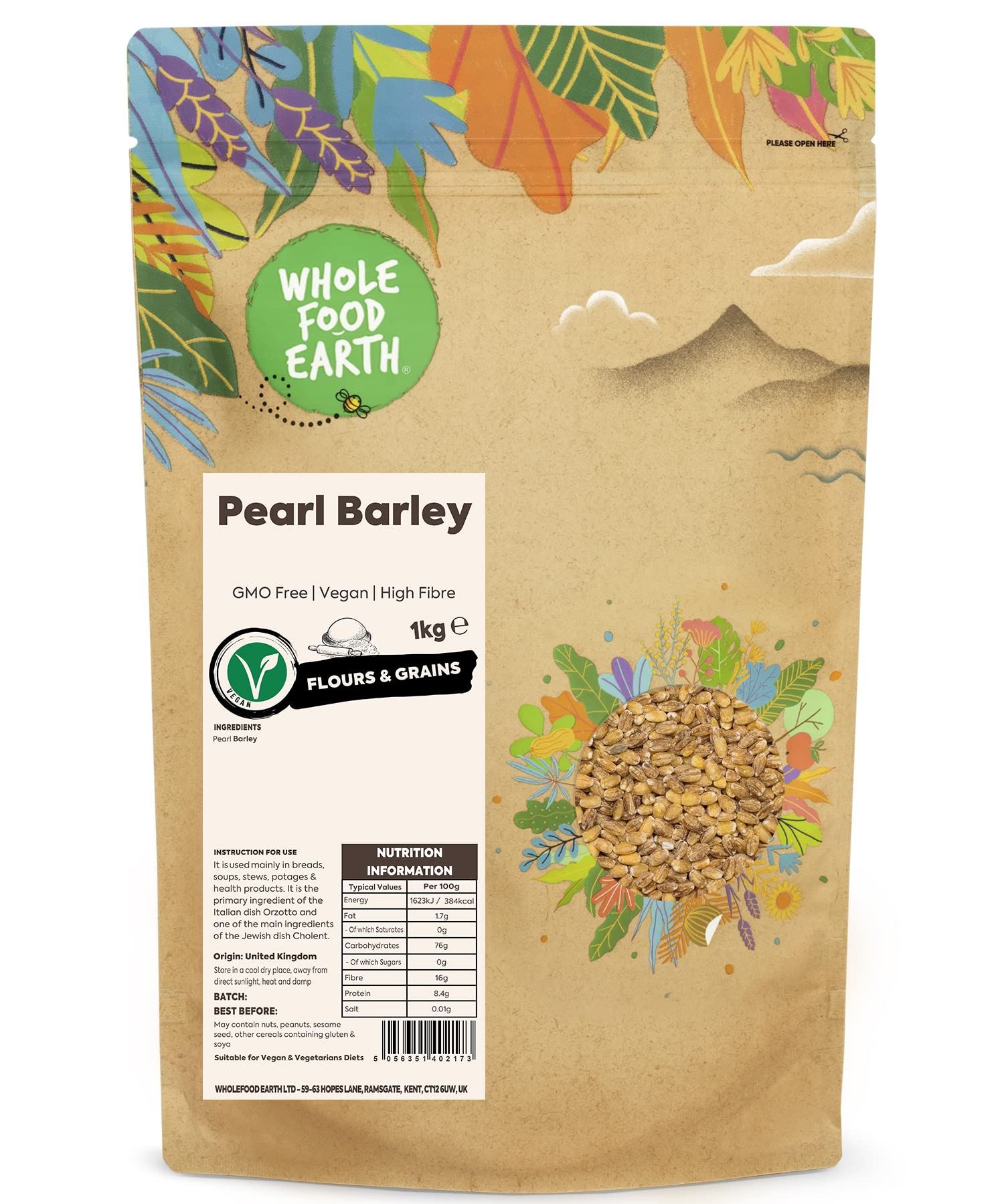 Wholefood Earth Pearl Barley 1 kg | GMO Free | High Fibre | Vegan | Recyclable Packaging