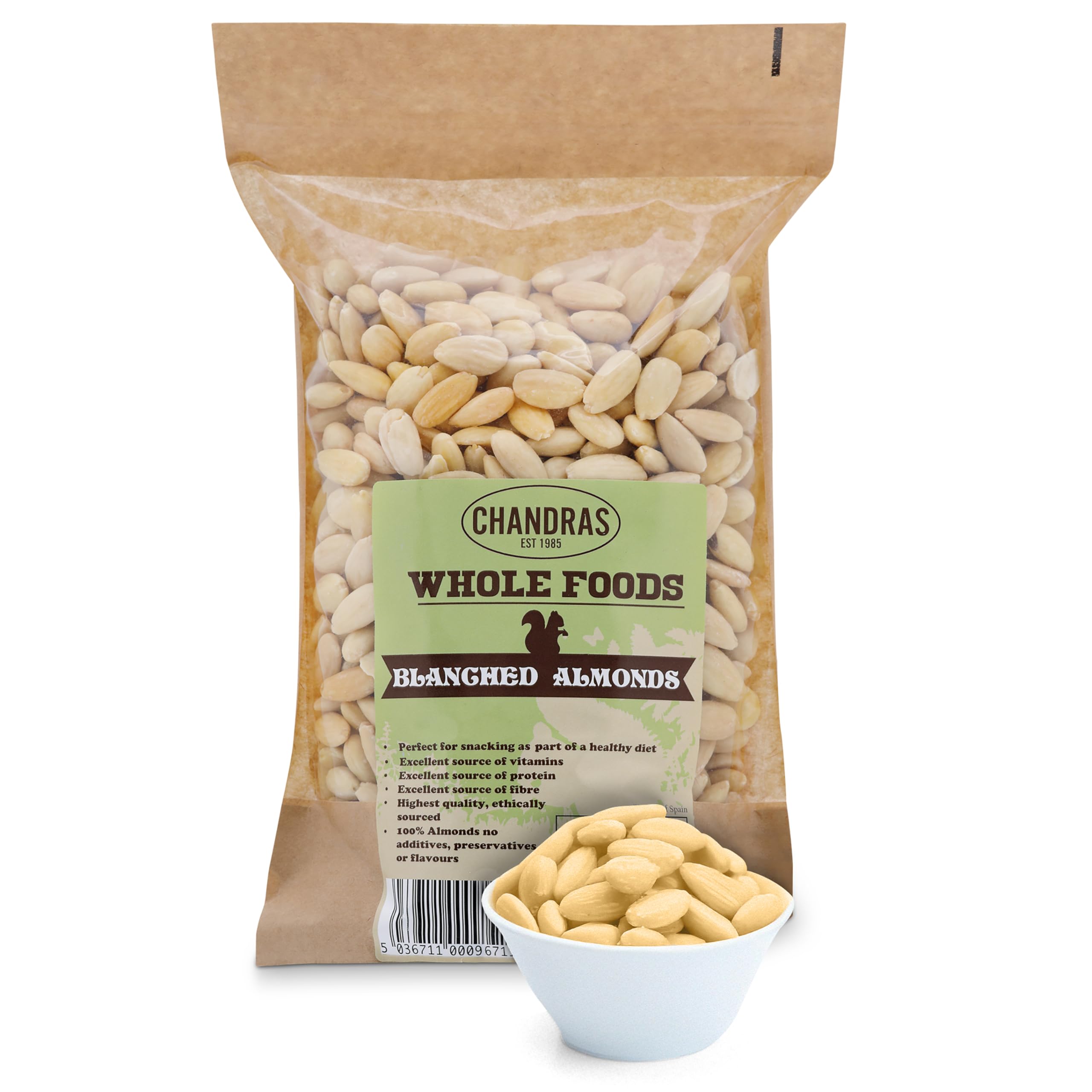 Chandra Whole Foods – Blanchierte Mandeln 1 kg – Ungesalzene Rohmandeln aus Spanien