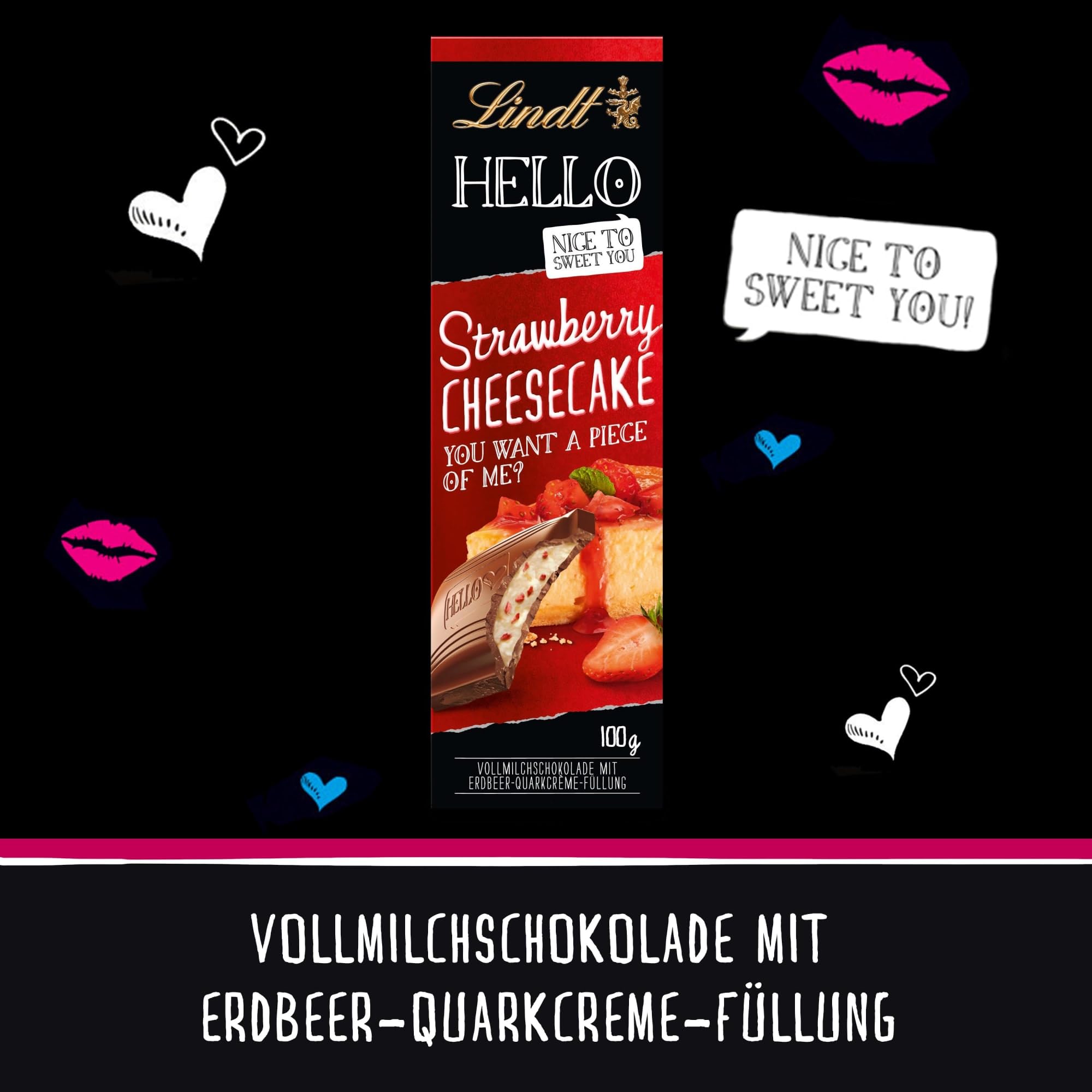 Lindt Hello Milchschokolade Erdbeer-Käsekuchen-Riegel, 100g