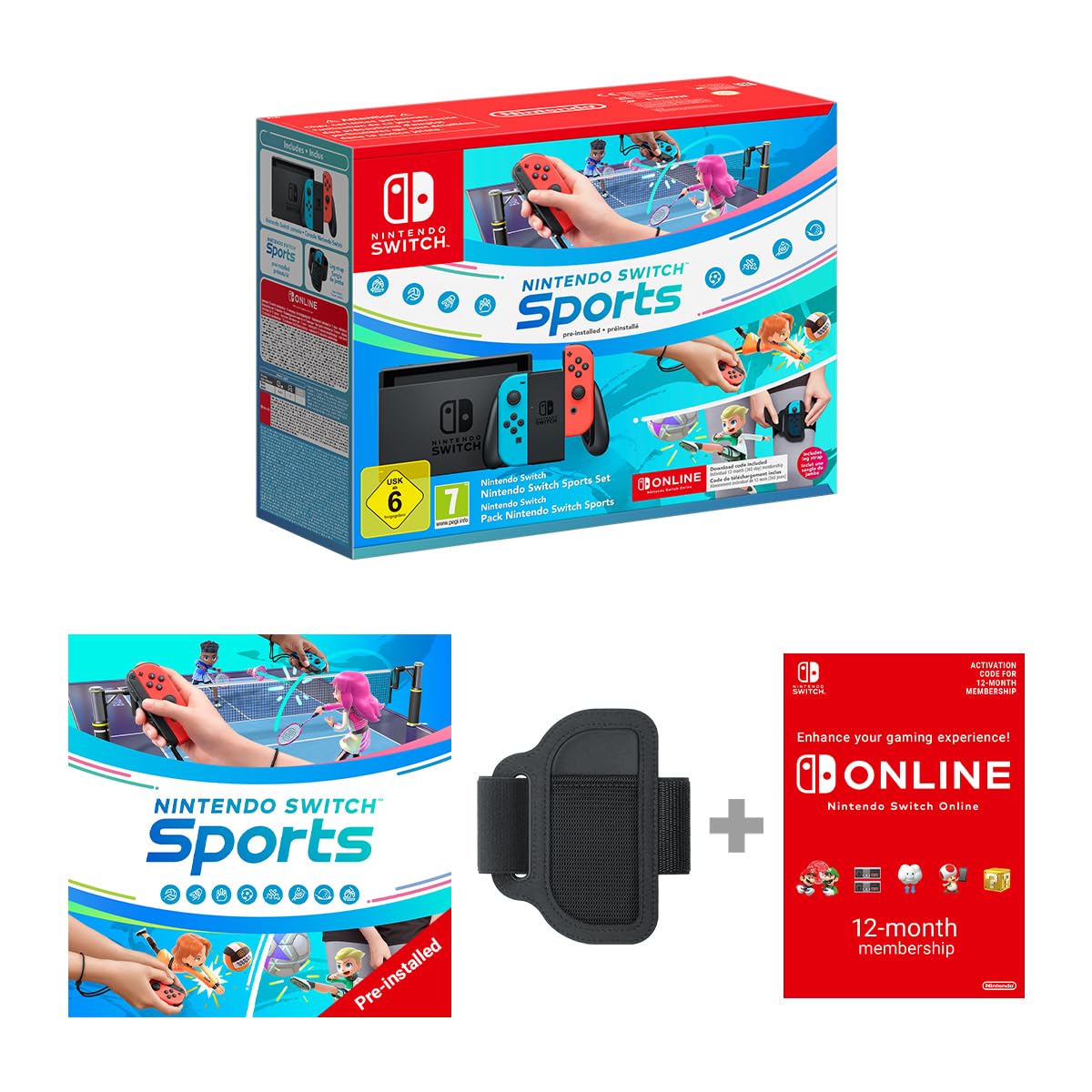 Nintendo Switch (Neonrot/Neonblau) mit vorinstalliertem Switch Sports und 12-monatiger Online-Mitgliedschaft