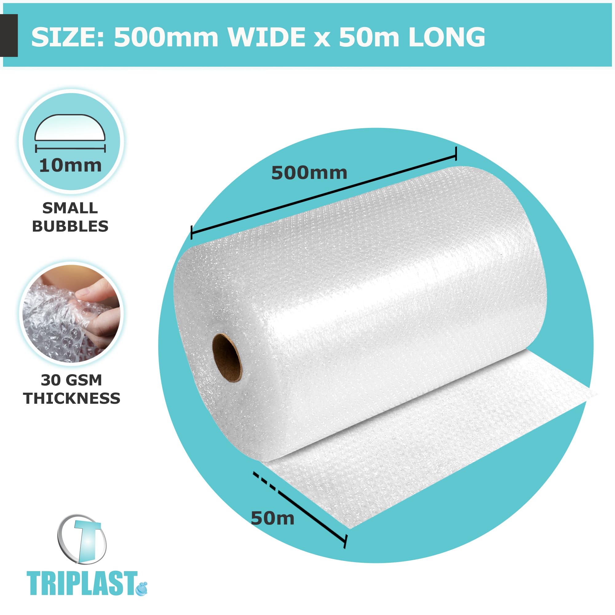 Triplast Bubble Wrap Roll - 500mm x 50m | 30gsm Thickness | Small 10mm Bubbles