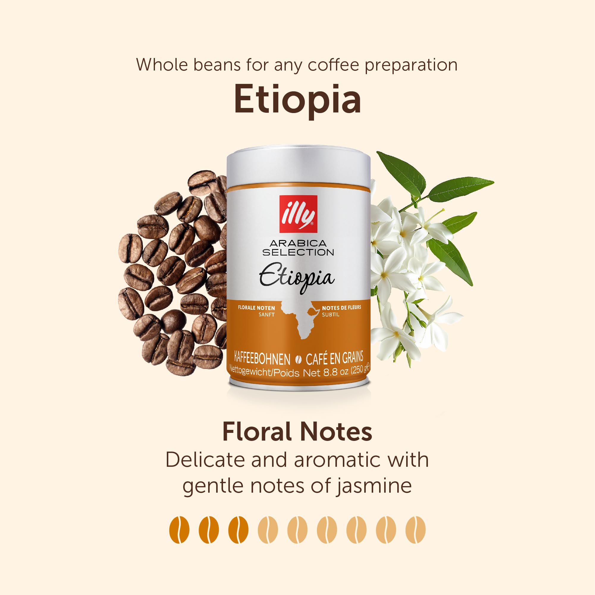 illy Ethiopia Single Origin Whole Coffee Beans - 100% Arabica Light Roast Intensity 3/9 (Pack of 6)