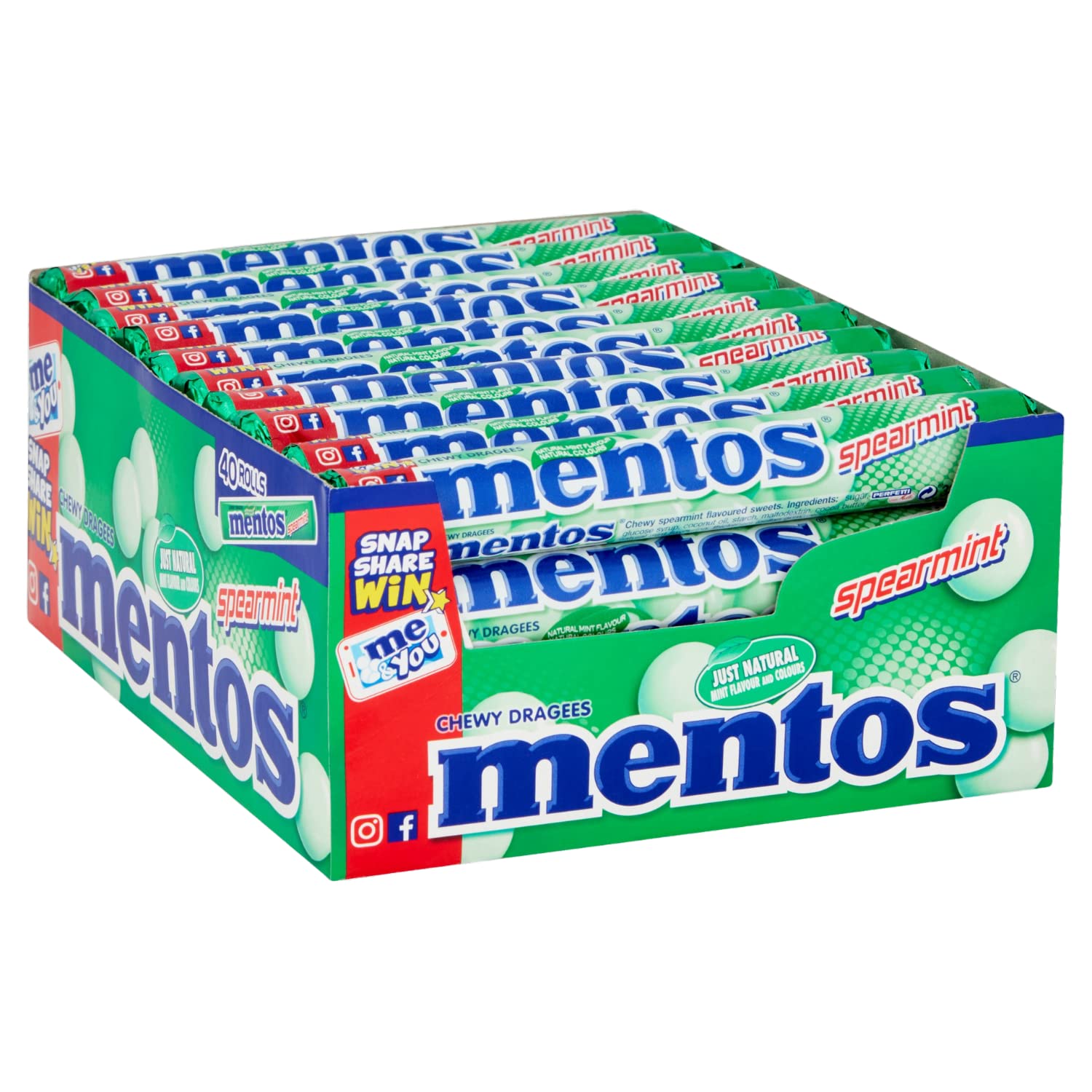 Mentos Spearmint Soft Mints - Refreshing Chewy Sweets with Natural Colours, Vegetarian Friendly - 40 Rolls