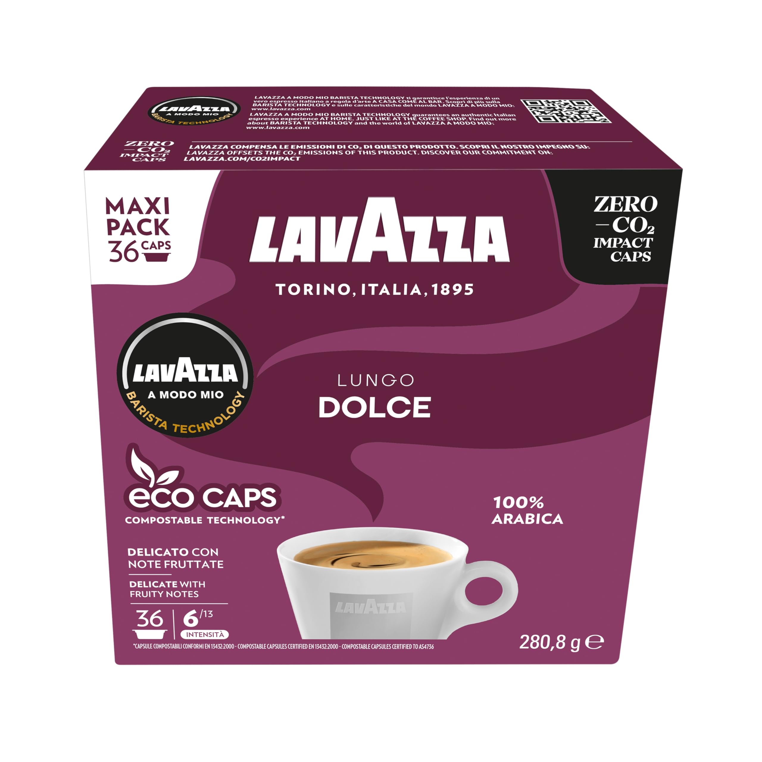 Lavazza A Modo Mio Lungo Dolce - 36 Capsules of 100% Arabica Coffee with Notes of Dried Fruit