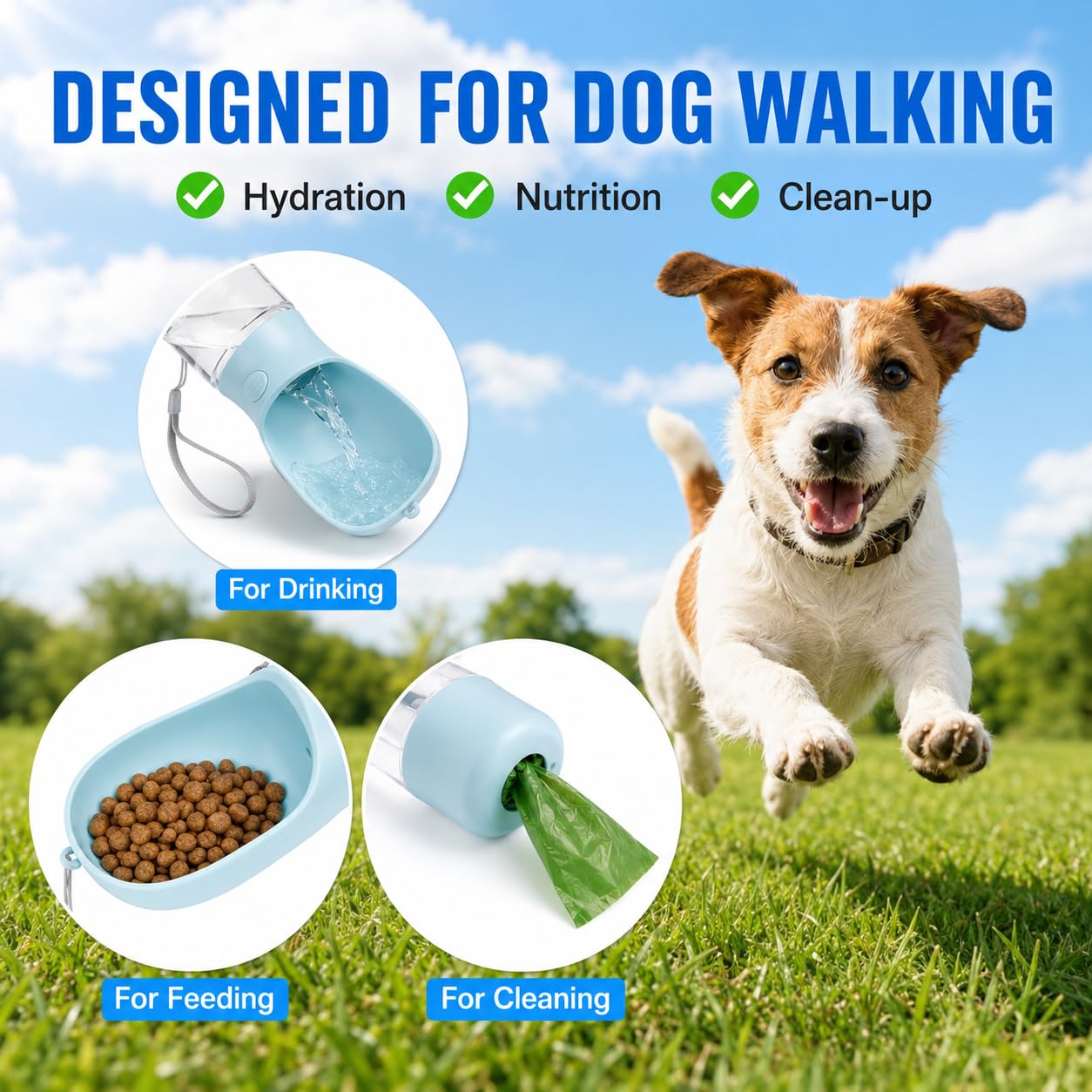 Admygo 4-in-1 Portable Dog Water Bottle - Blue | Leak Proof | Food Container 4