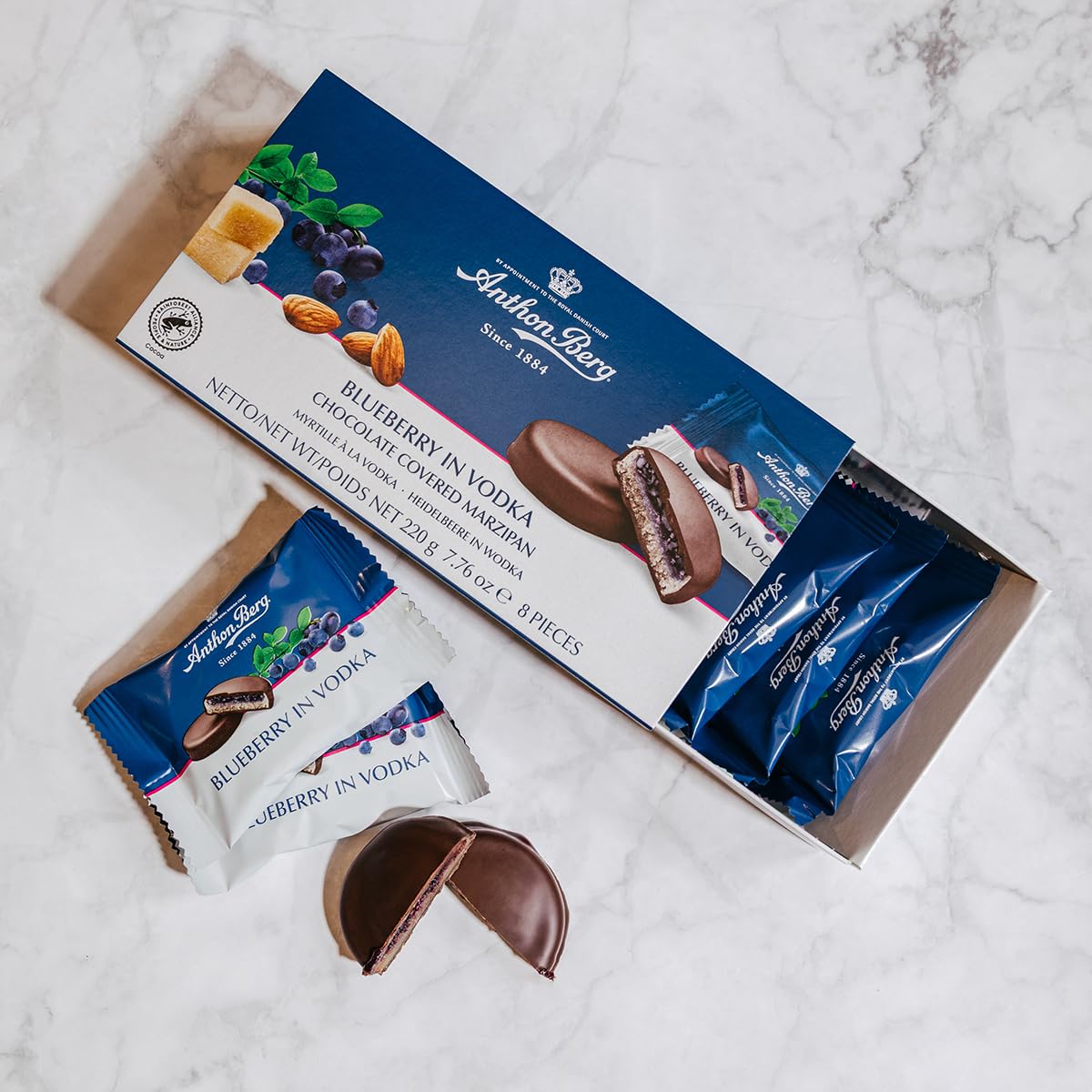 Anthon Berg Dark Chocolate Covered Marzipan Treats with Blueberry in Vodka, 220g 8