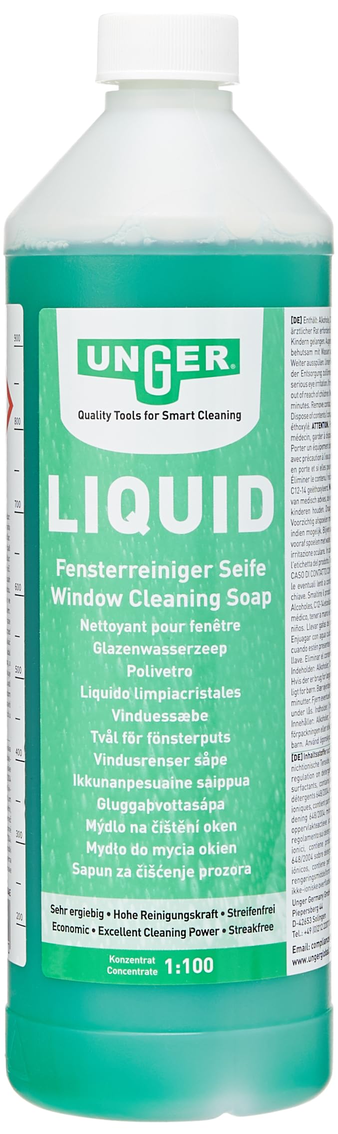 Unger FR100 Window Cleaning Liquid Soap - Smear-Free Glass Cleaner Concentrate 1L