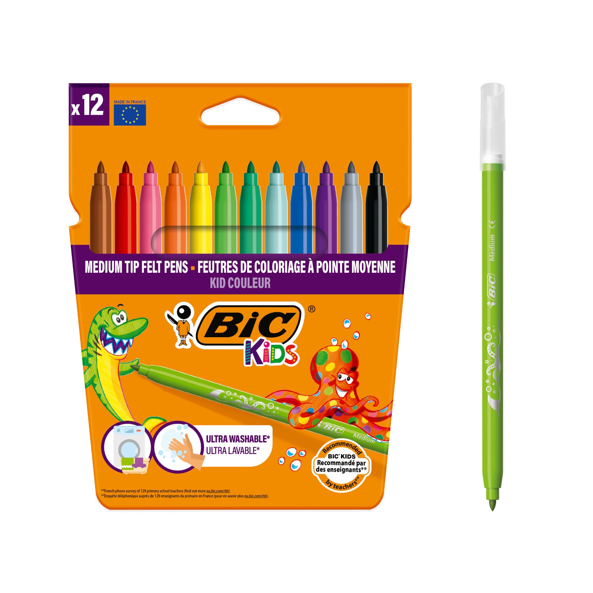 BIC Kids Kid Couleur Felt Tip Pens - Assorted Colors Medium Point Washable Markers for Kids, Pack of 12 25