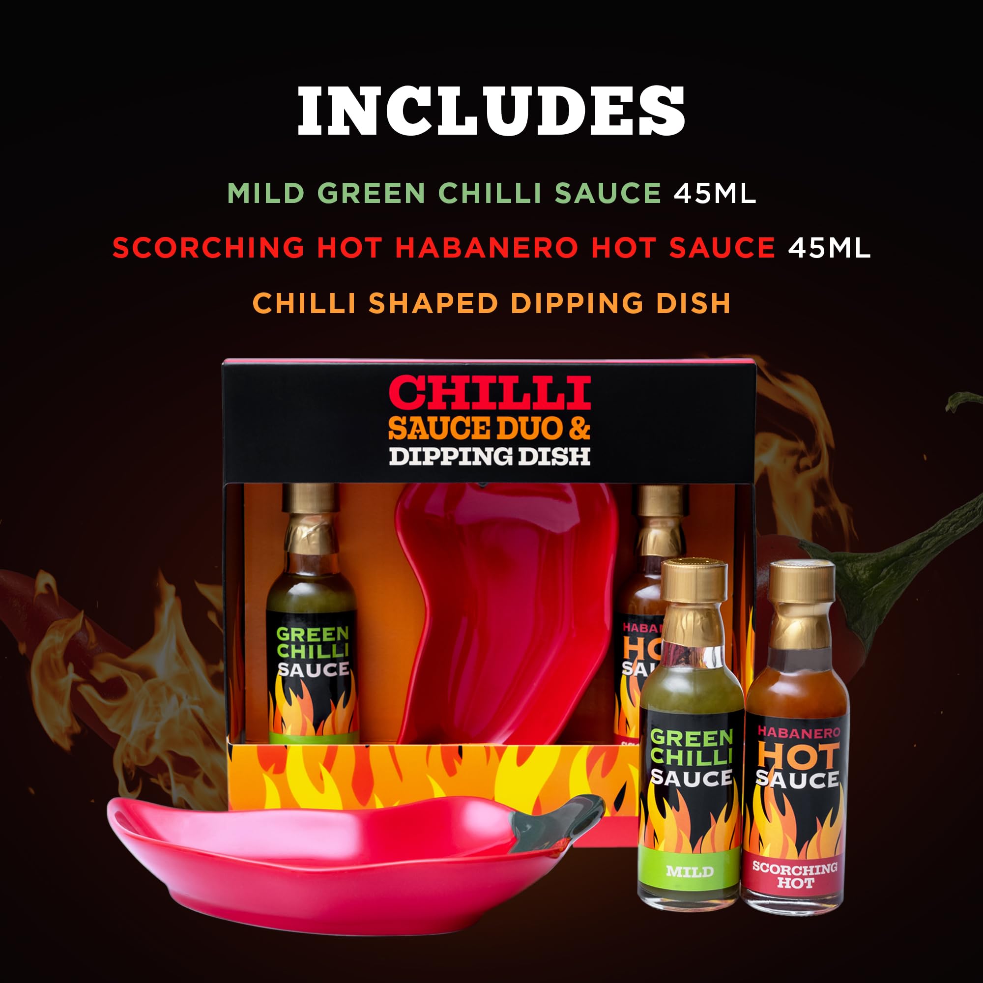 Hot Sauce Gift Set - Mild Green Chilli & Habanero Sauce Duo with Chilli Shaped Dipping Dish 3