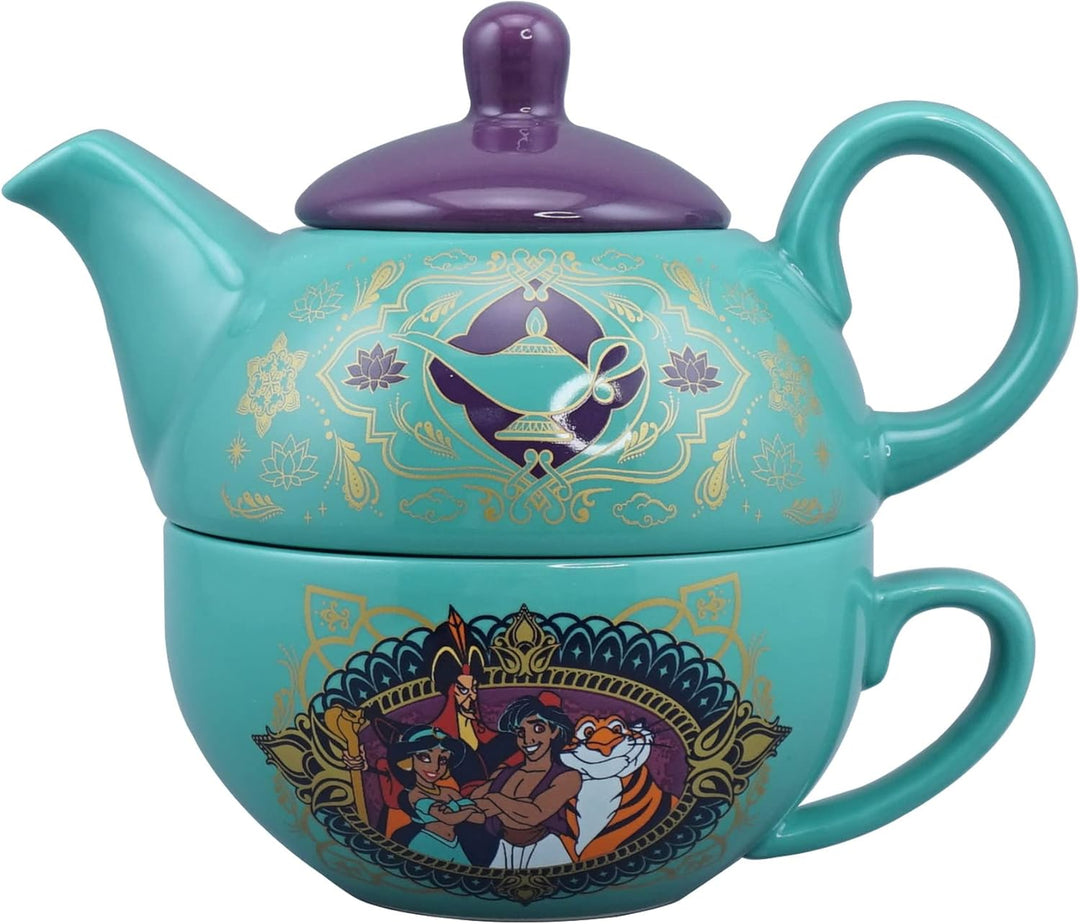 Disney Aladdin Tea for One Set - Black Teapot and Cup Set with Aladdin Character Illustrations