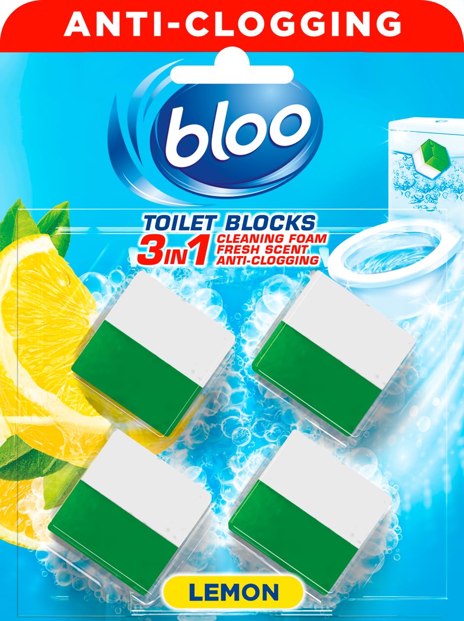 Bloo Toilet Blocks - 4 Count Pack, Lemon Scent, Limescale Remover