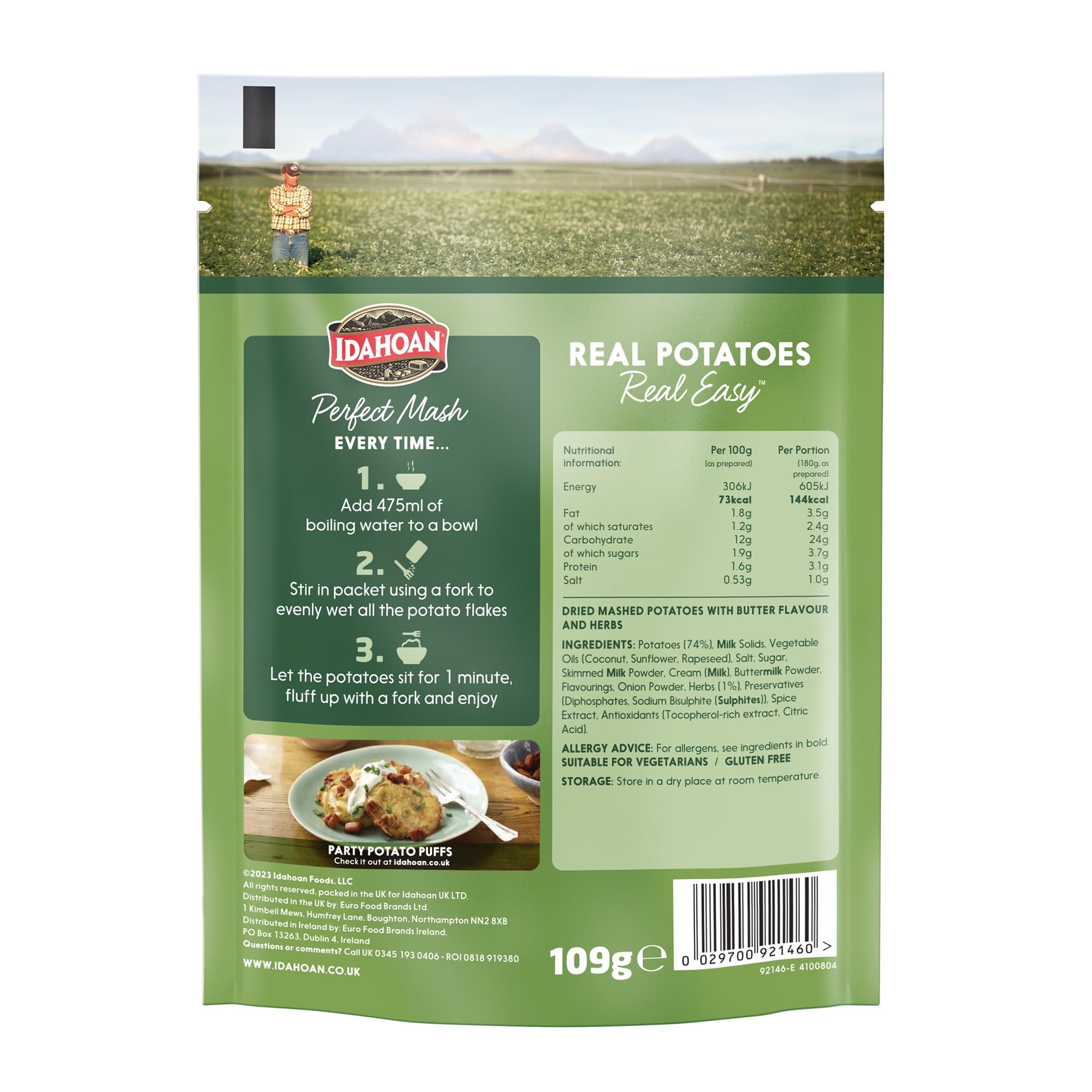 Idahoan Mashed Potato Butter & Herb Instant Mash Potatoes - 109g Pouch | Pack of 12