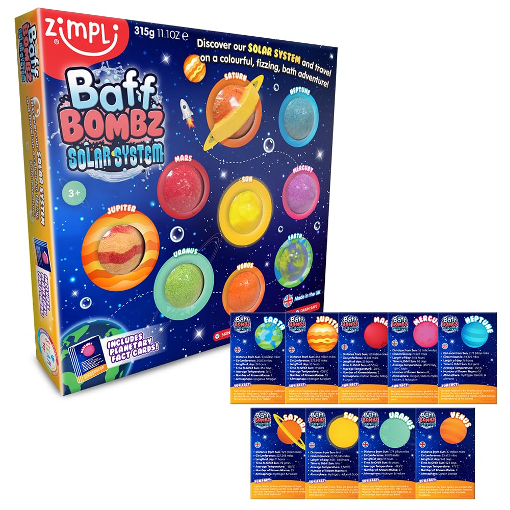 ZIMPLI 9 x Solar System Baff Bombz & 9 x Planetary Fact Cards | Educational Bath Toys | Strawberry Scented