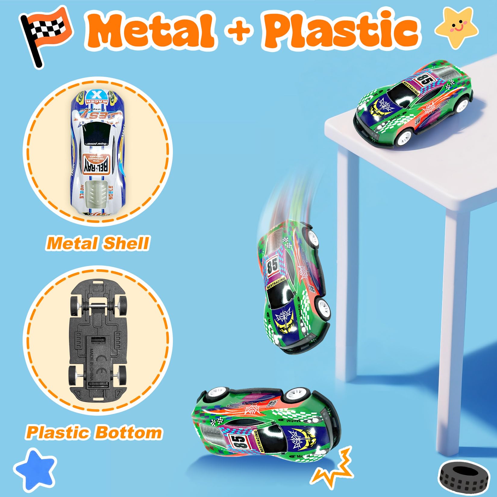 TOYABI Toy Cars - 10Pcs Pull Back Racing Set with Launcher, Mat & Obstacles for Kids